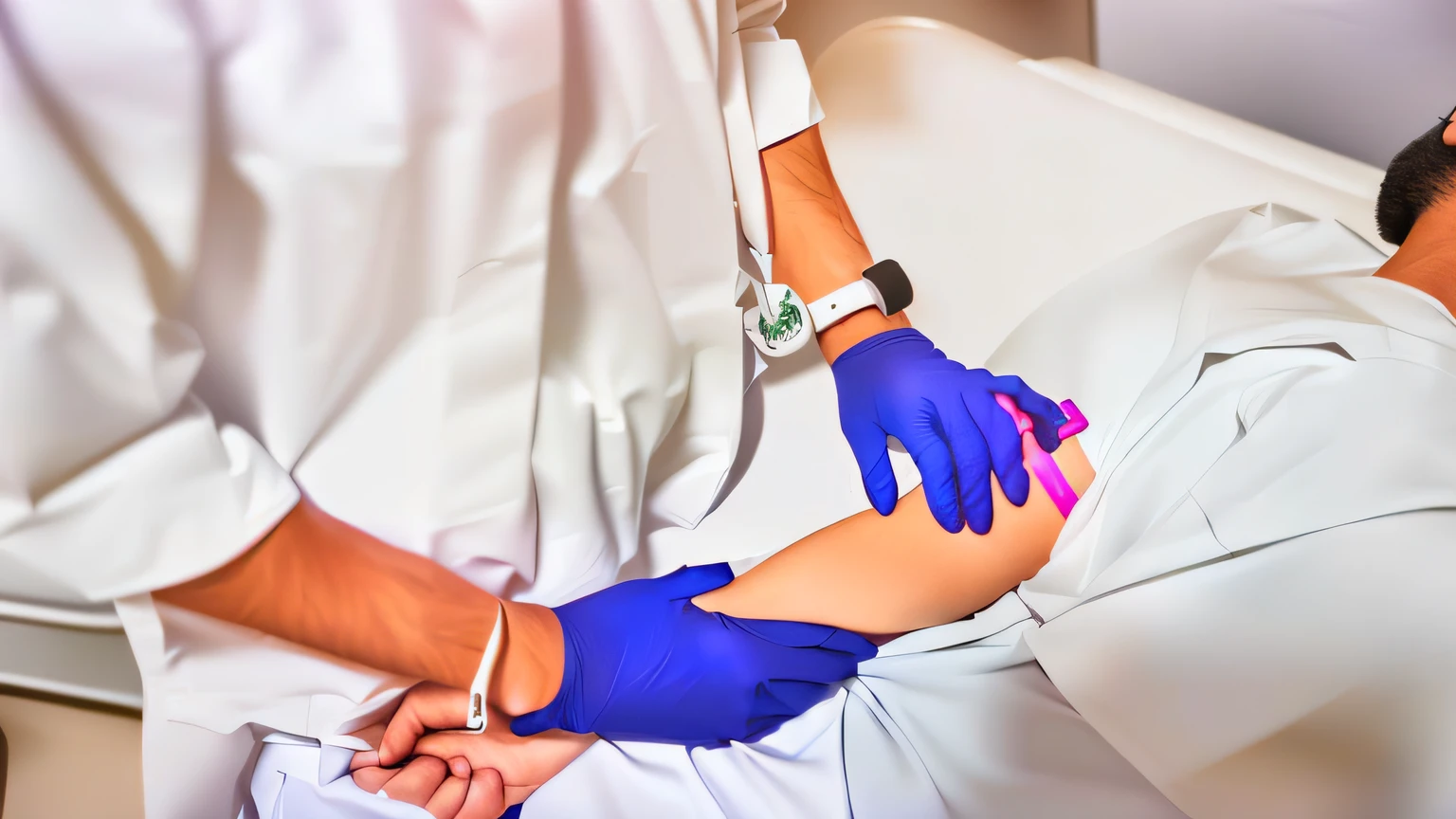 someone is getting a blood test from a doctor, com gotejamento IV, gotejamento intravenoso, IV gotejamento, medical photography, Surgical IV drip, foto - shot, IV Polo, sterile colors, enfermagem, vestindo um vestido hospitalar branco, blood smear, exclusivo, foto tirada, segurando seringa, segurando uma seringa, bandage on arms