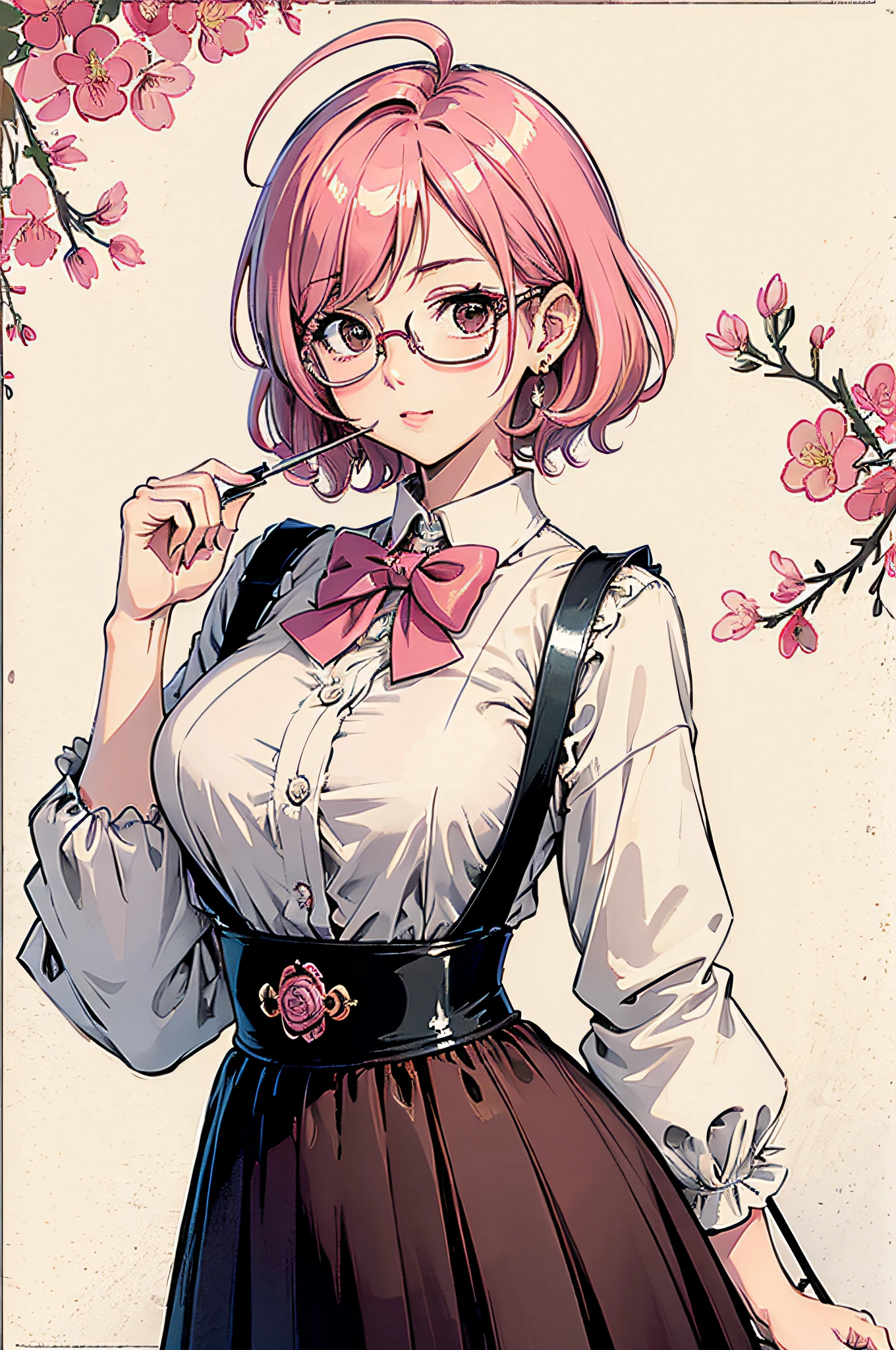 (masterpiece:1.2, best quality), (dinamic lighting) 1lady, solo, short hair, big breasts, (shiny skin:1.2), upper body, monocle, glasses, modern, wavy pink hair,Suspenders, flower on ear, harajuku style, hair pin, loli ,ahoge