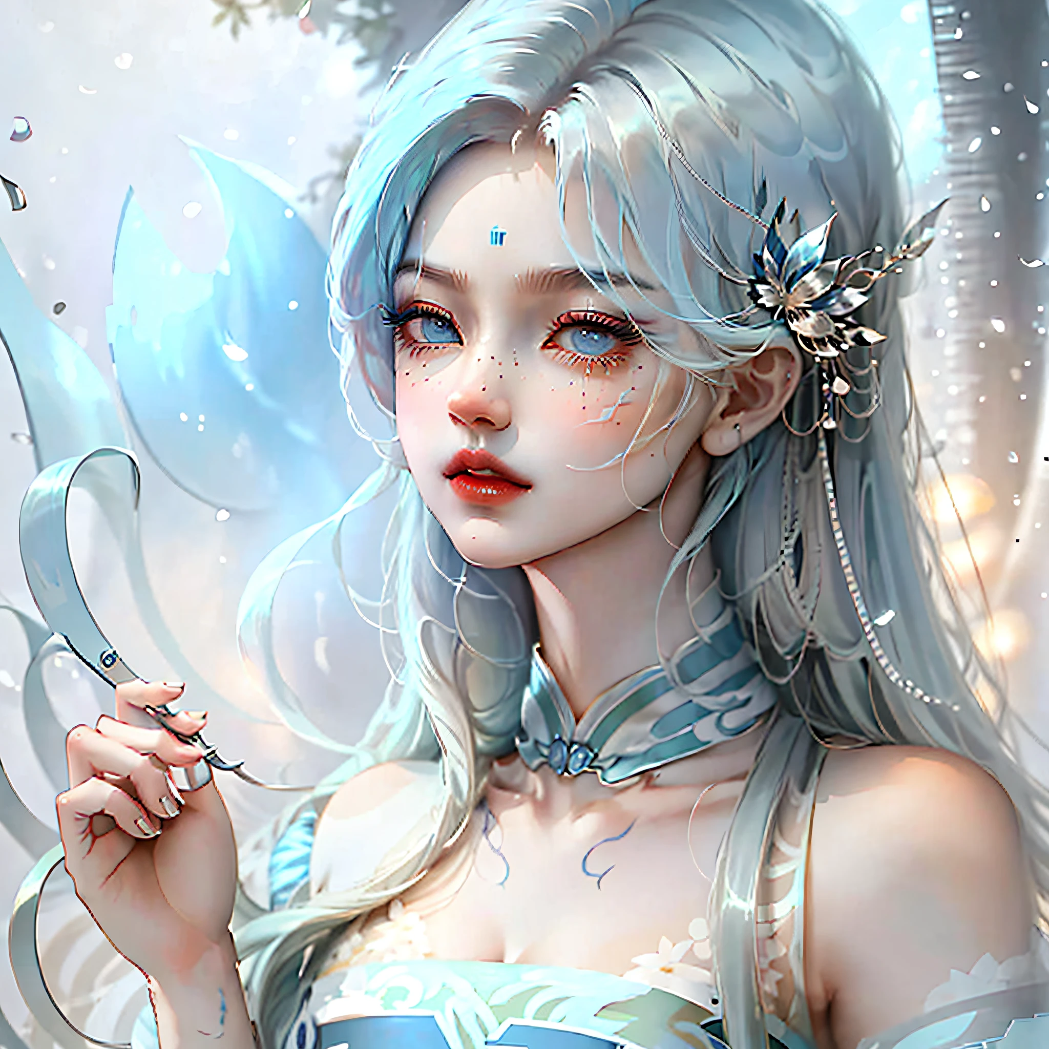 Long flowing blue hair，Long eyelashes，Large round eyes，Sweet face，perfect bodies，quadratic element，The picture depicts a female figure。 --auto