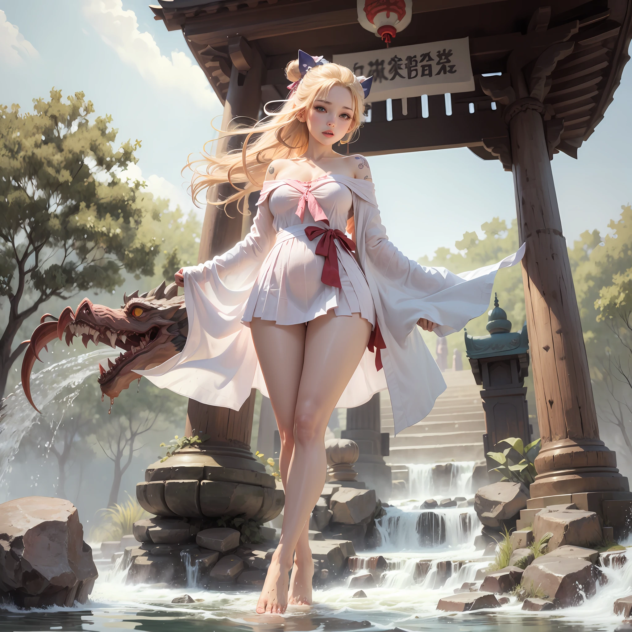 surreal), (illustration), (high resolution), (8K), (extremely detailed), (best illustration), (beautiful in detail), (best quality) , (super detailed), (masterpiece), (background), (face detail), solo, (active pose), full body shot, set in a chinese sacrificial shrine with names org monsters around, the temple has a pillar in front of the shrine, a sexy girl is hanging from the pole, her hands are tied up high with her armpits open, her long legs don't reach the ground due to being hung up, legs naked, a monster is standing at the girl's feet, the monster touches the girl's white feet and calves with her hands, blonde hair, greek goddess hair bun, brown eyes, lips light pink , wearing a white off shoulder dress that hugs the perfect body of the girl , the skirt is low to the chest , smooth white exposed breasts , plump breasts , sexy breasts , left chest with a small pink heart tattoo , smooth white skin , super short skirt revealing panties , red panties , wet panties , water from underwear running down thighs , details of water running down thighs , smooth white thighs , long legs , thighs wearing round bows , barefoot , left foot is being grabbed by a monster hand , --auto