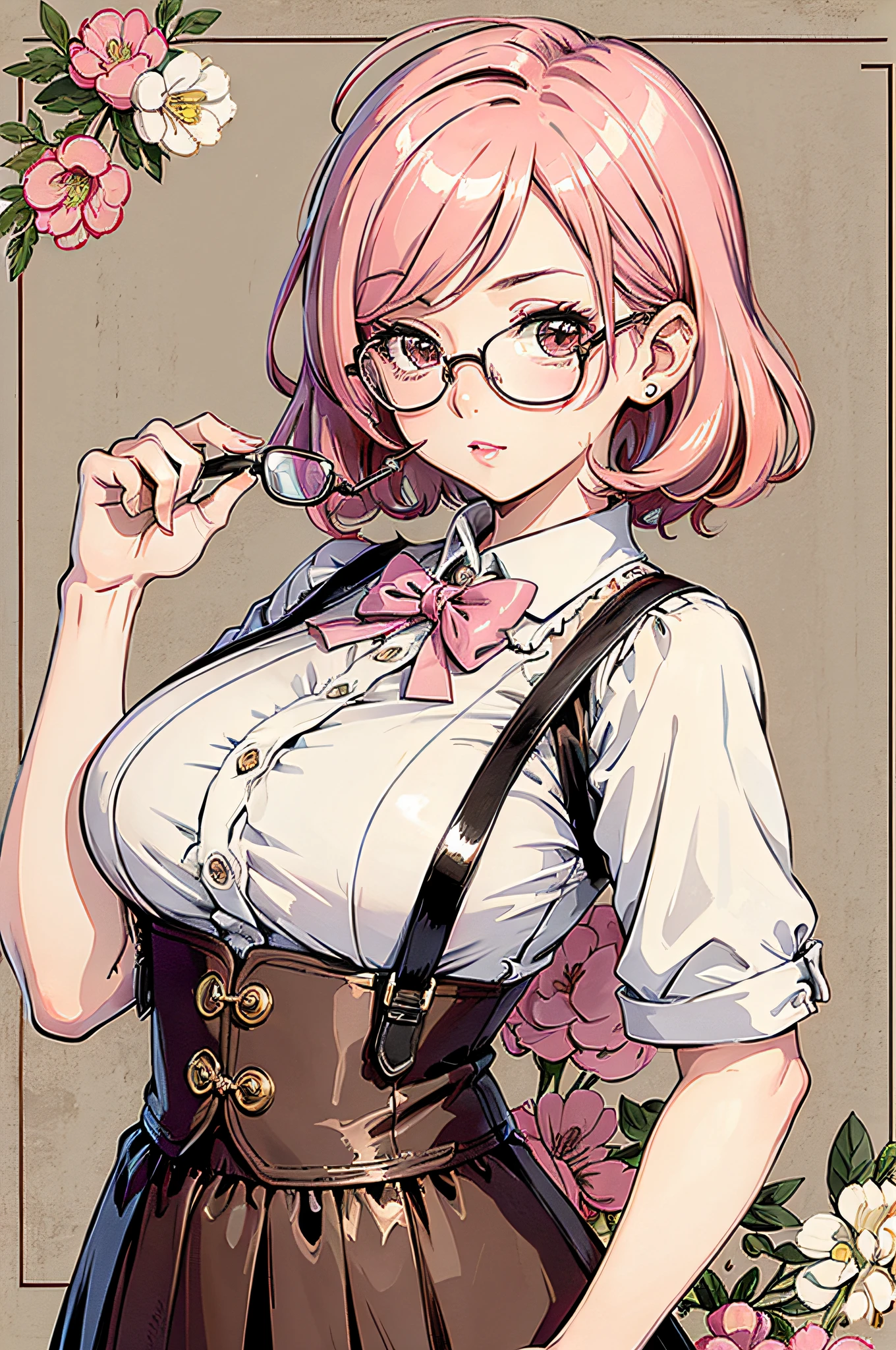 (masterpiece:1.2, best quality), (dinamic lighting) 1lady, solo, short hair, big breasts,  (shiny skin:1.2), upper body, monocle, glasses, modern, wavy pink hair,Suspenders, flower on ear, harajuku style, hair pin, loli ,ahoge