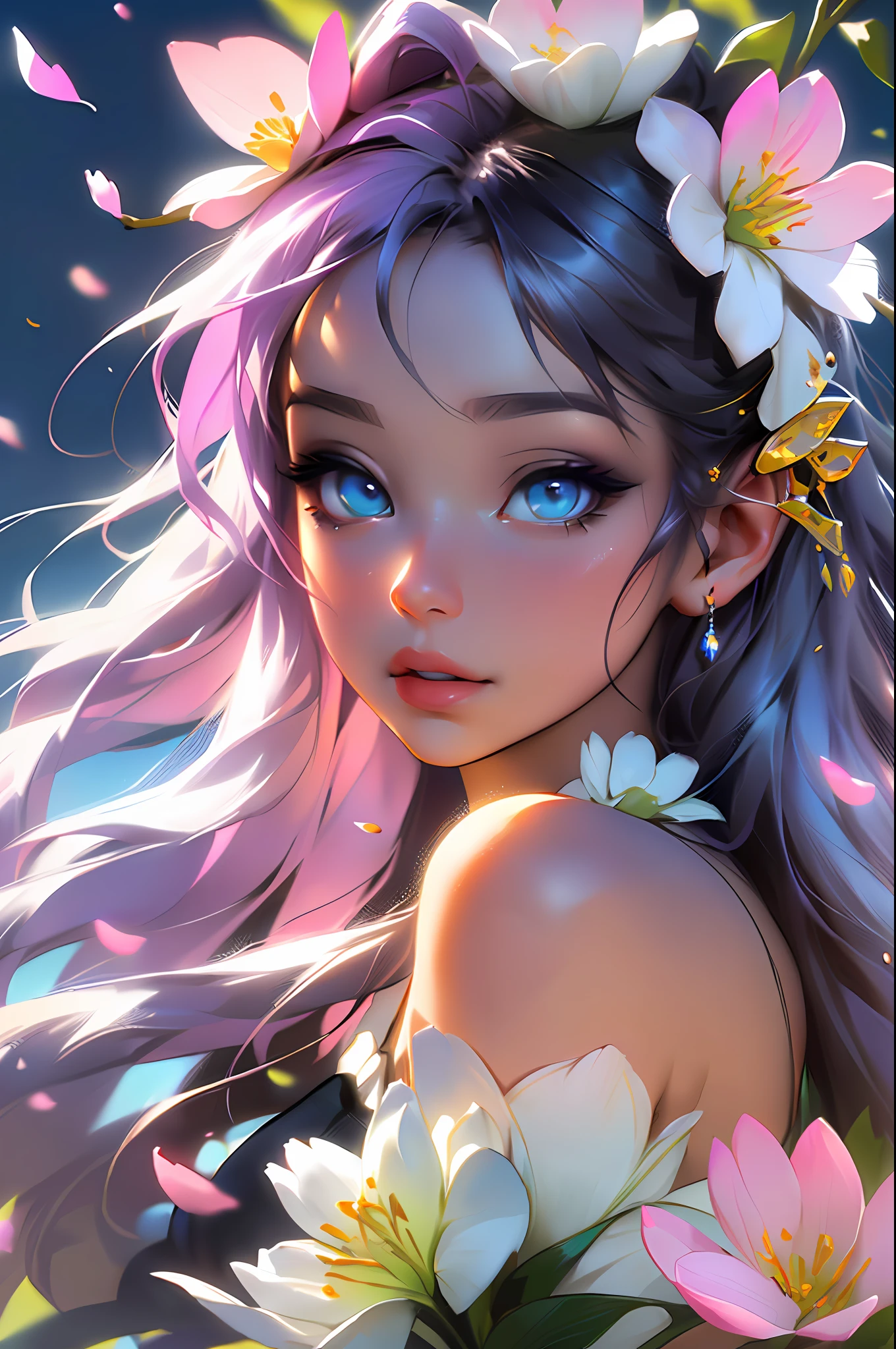The colors in this image are soft and draw inspiration from gentle watercolors and should be primarily pink. Generate a delicate and tranquil flower princess with soft hair dancing in the wind and intricately braided. Her sweet face has puffy, kissable lips and stunning, highly realistic eyes. She has beautiful eyes, hires eyes, 8k eyes, beautiful detail eyes, beautiful detailed eyes, realistically shaded eyes, and realistic eyes in vibrant colors. She is wearing delicately detailed fabric of gossamer silk and satin. Small pink gemstones and cream pearls detail her clothing. She sits in the midst of the most beautiful meadow in the world and is surrounded by beautiful flowers of varying sizes and colors. The background is wild and unruly, with delicate flowers dancing in the wind and creating a dynamic and compelling image. An ornately flowered headdress adorns her head and soft petals fall around her. The flowers are realistic and very detailed and come in different shapes and sizes, some with iridescence and others with varying shades of pink and blue. Include a soft watercolor sky. The background is wild, with delicate flowers dancing in the wind and colorful pollen filling the air. Include realistic hair and skin texture. Include fantasy details, enhanced details, iridescence, colorful glittering wind, and pollen. Pay special attention to her face and make sure it is beautifully and realistically detailed. The image should be dreamy and ethereal. Include intricate fantasy details. 8k, intricate, elegant, highly detailed, majestic, digital photography, art by artgerm and ruan jia and greg rutkowski surreal painting pearl butterfly filigree, flower petals, (masterpiece, finely detailed beautiful eyes: 1.2), hdr, realistic skin texture, ((ornate)), ((intricate)), ((fantasy00d:1.2)), rays of light, (add details), (add more details), highly detailed, ornate flowers, dew drops, sunlight, rays of sun