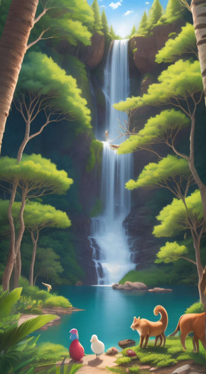 Shaved ice waterfall and animals in the forest