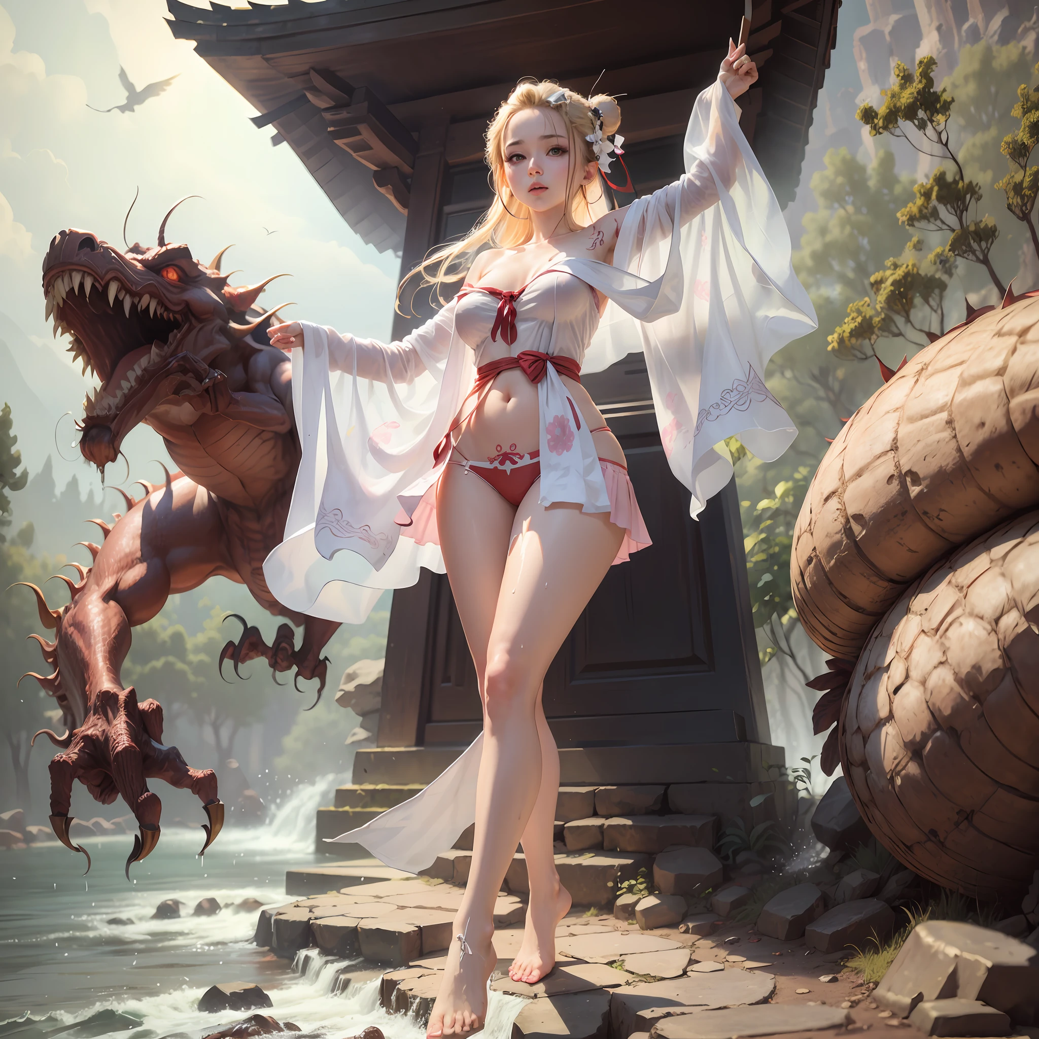 surreal), (illustration), (high resolution), (8K), (extremely detailed), (best illustration), (beautiful in detail), (best quality) , (super detailed), (masterpiece), (background), (face detail), solo, (active pose), full body shot, set in a chinese sacrificial shrine with names org monsters around, the temple has a pillar in front of the shrine, a sexy girl is hanging from the pole, her hands are tied up high with her armpits open, her long legs don't reach the ground due to being hung up, legs naked, a monster is standing at the girl's feet, the monster touches the girl's white feet and calves with her hands, blonde hair, greek goddess hair bun, brown eyes, lips light pink , wearing a white off shoulder dress that hugs the perfect body of the girl , the skirt is low to the chest , smooth white exposed breasts , plump breasts , sexy breasts , left chest with a small pink heart tattoo , smooth white skin , super short skirt revealing panties , red panties , wet panties , water from underwear running down thighs , details of water running down thighs , smooth white thighs , long legs , thighs wearing round bows , barefoot , left foot is being grabbed by a monster hand , --auto