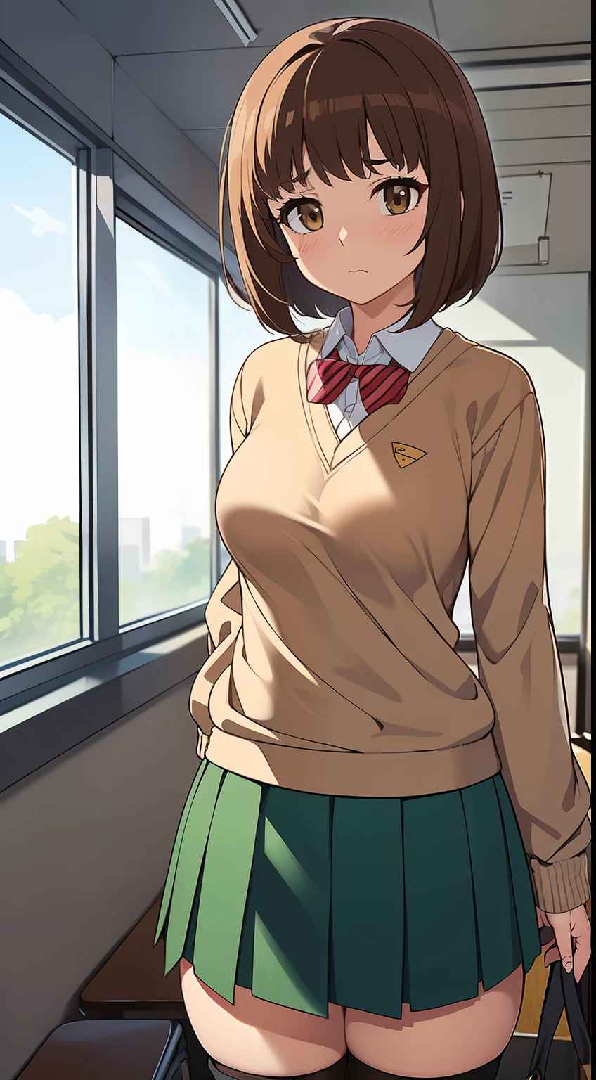 ((((kipteitei art)))), ((highres)),Masterpiece, high quality, best quality, beautiful, perfect lighting, detailed face, ultra cute face, ((1girl)), ((solo), brown hair, bob cut, bangs, ((fluffy hair)), brown eyes, nervous look, shy, blush, ((school uniform)), ((tan Blaser sweater)), thigh highs, green skirt, classroom, ((small breasts)), perky breasts, wide hips, thick thighs, 19 year old girl,