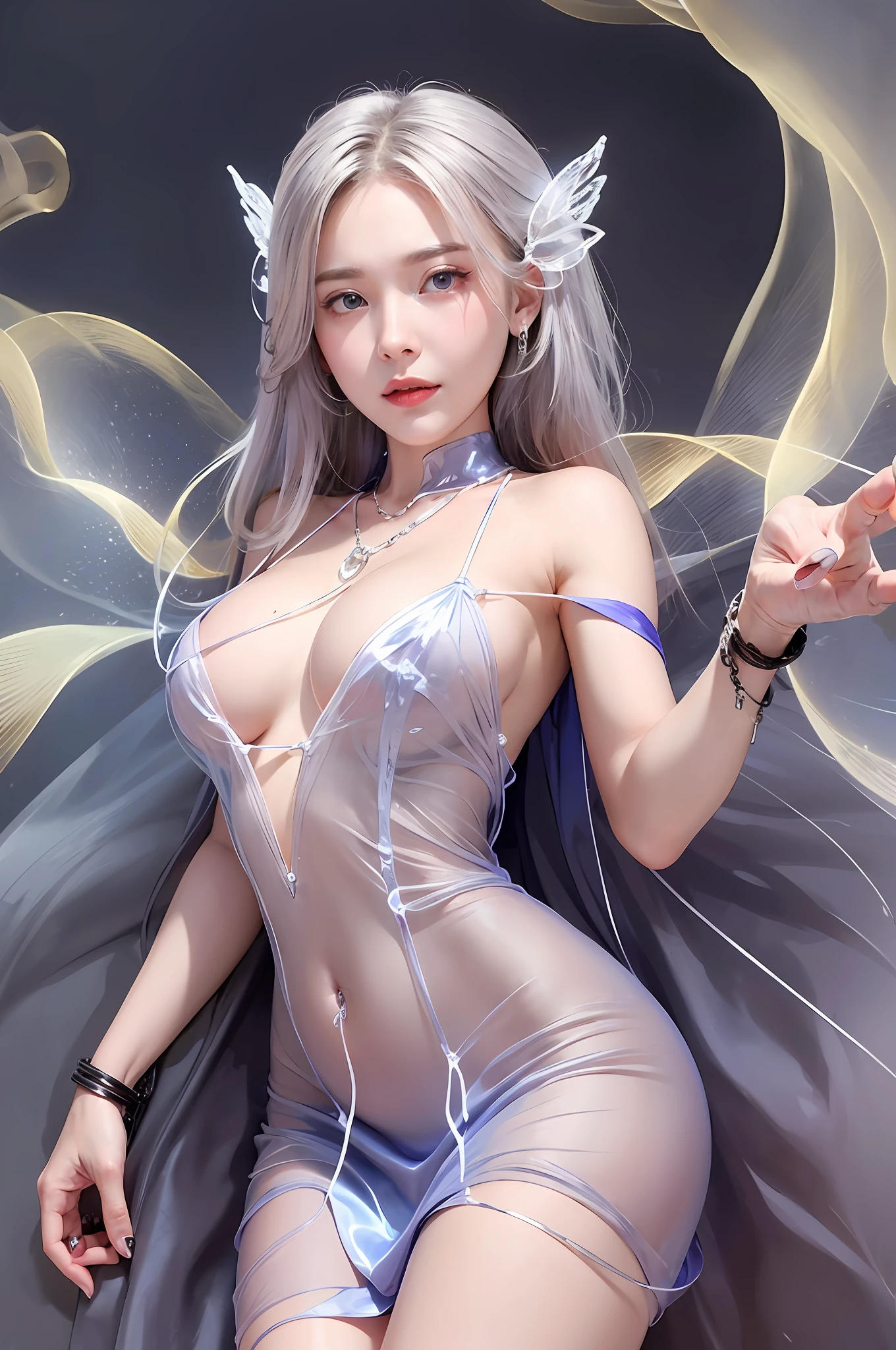 Maiden, bare skin maiden, sticky transparent liquid, lots of tentacles attached to breasts, lying face up, hands separated by chains, struggle, pain, insertion, transparent stockings, transparent dress, silver-white hair, use of ice magic, magic suit, transparent eyes, transparent ice wings