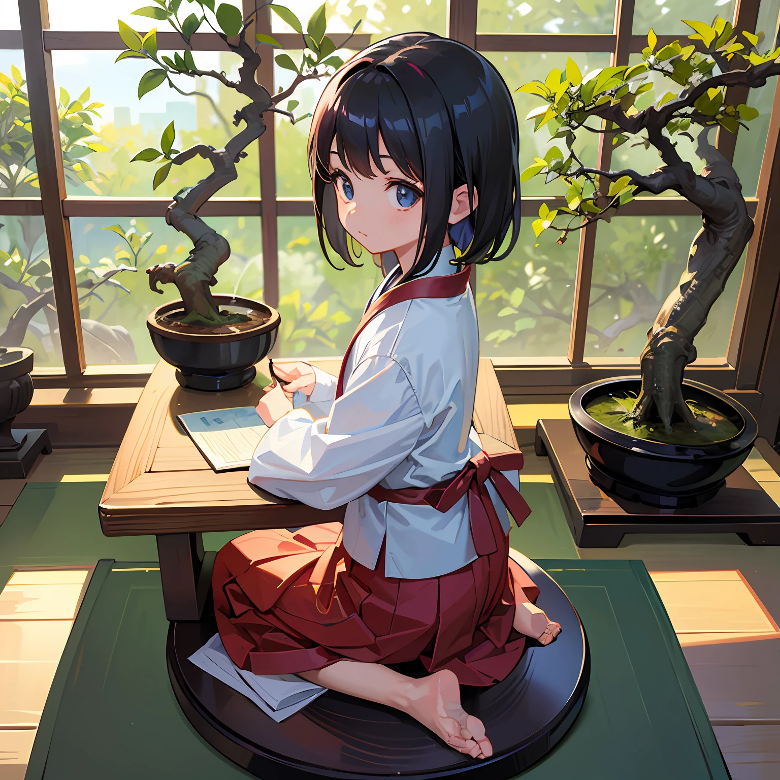 1 little girl observing bonsai from front to a table，Bonsai on wooden table，The child is engrossed in studying potted plants，in a panoramic view，white backgrounid --auto
