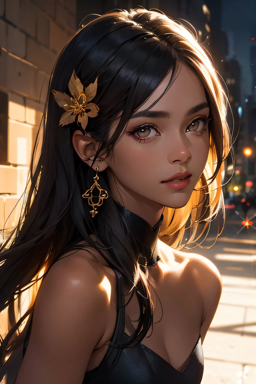 2d, cheDark Fantasy,(masterpiece, best quality, ultra-detailed, highres, best illustration),perfect face, ((solo, solo focus)),sidelighting, lustrous skin,(bloom), (shine), ray tracing,1girl, solo, dark skin, no jewelery, dark-skinned female, multicolored hair, lips, blond hair, upper body, brown eyes, breasts, bare shoulders, hair ornament, makeup, long hair, black hair, very dark skin, dreadlocks,depth_of_field, city background,very detailed background,extreme light and shadow,(detailed eyes), (beautiful) beautiful detailed eyes, perfect lighting , perfect anatomy,(extremely detailed illustrated 8k wallpaper),(masterpiece), (best quality), (ultra-detailed), (best illustration),(best shadow), vivid colors, portrait, shoulder, half body