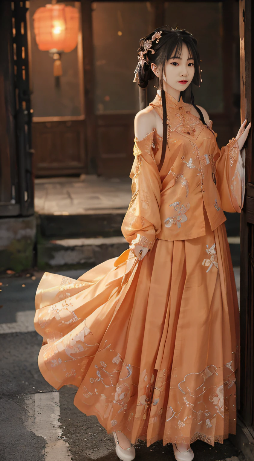 ulzzang-6500-v1.1, (raw photo:1.2), (photorealistic:1.4), beautiful and detailed girl, very detailed eyes and face, beautiful detailed eyes, absurd, incredibly ridiculous, huge file size, super detailed, high resolution, very detailed, best quality, masterpiece, kemomimi, ((Chinese woman wears Hanfu, Guochao, Song, chest-length skirt, silk, lace)), wears Chinese Hanfu, (((orange lace stockings)) lively pose, facing the audience, feminine, stunner, medium breasts, very detailed, viewer perspective, CG, unity, 8k wallpaper, amazing, fine details, masterpiece, best quality, very detailed CG unified 8k wallpaper, face light, movie lighting, 1girl, (full body 2.0), sexy, bare shoulder