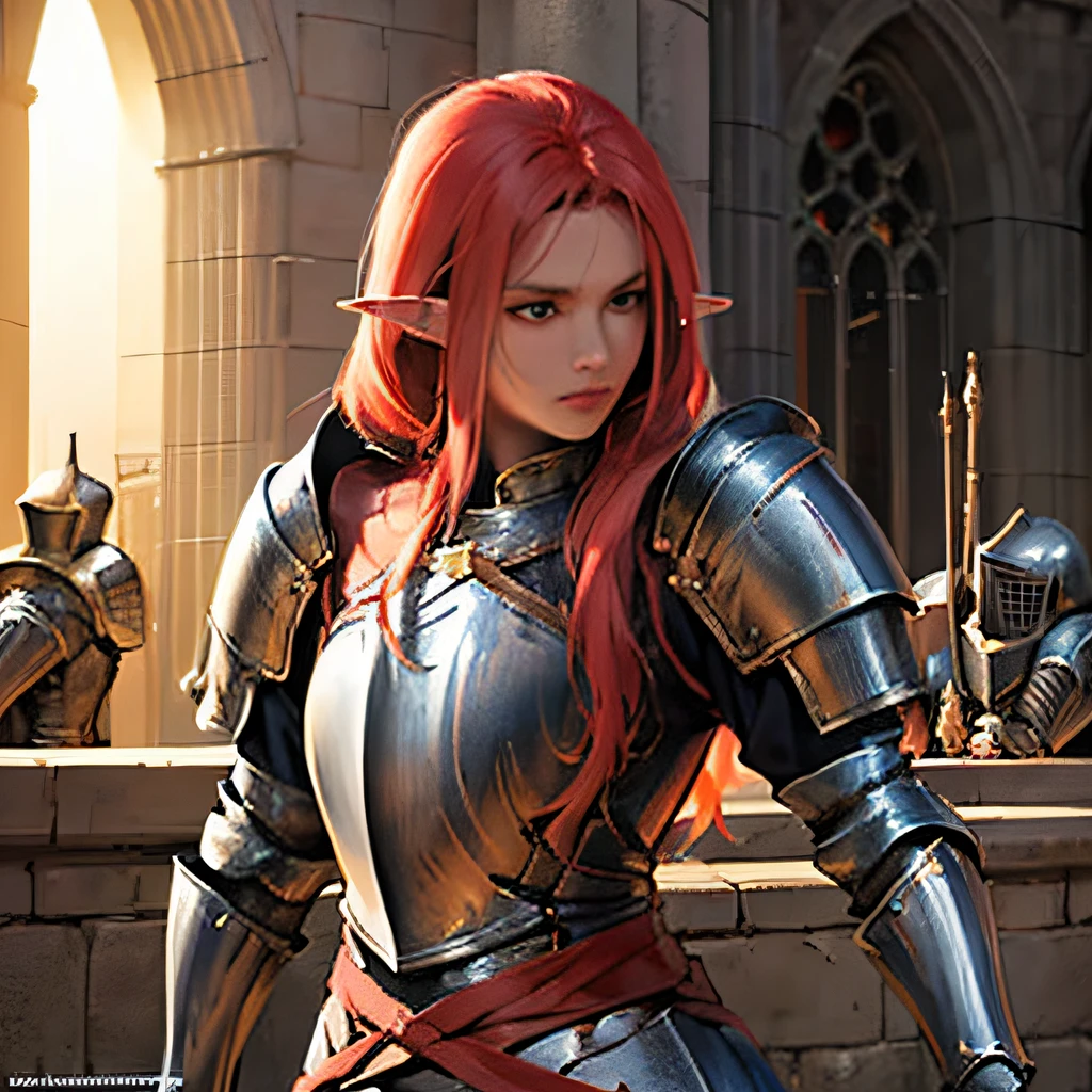 ((best quality)), ((medieval knight armor)), ((red hair)), ((elf)), joven mujer, posing confidently, dramatic lighting, castle bakground