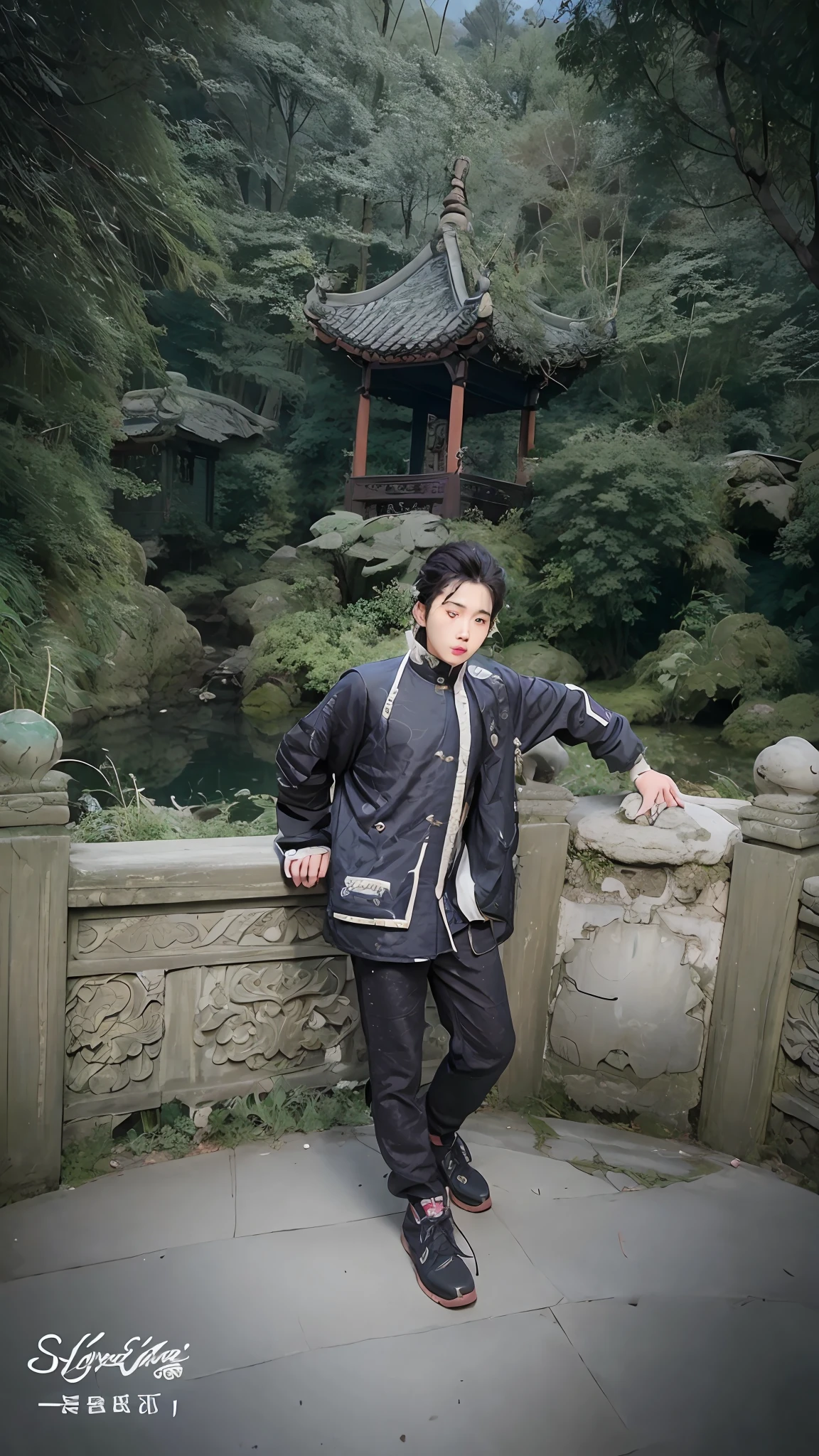 An Asian man standing in front of a stone structure, xintong chen, Cai Xukun, wenjun lin, zeng fanzh, inspired by Li Keran, inspired by Zhang Zongcang, jinyiwei, Li Zixin, Inspired by Xiao Yuncong, chinese artist, With a Chinese temple, drak, Wang Qichao