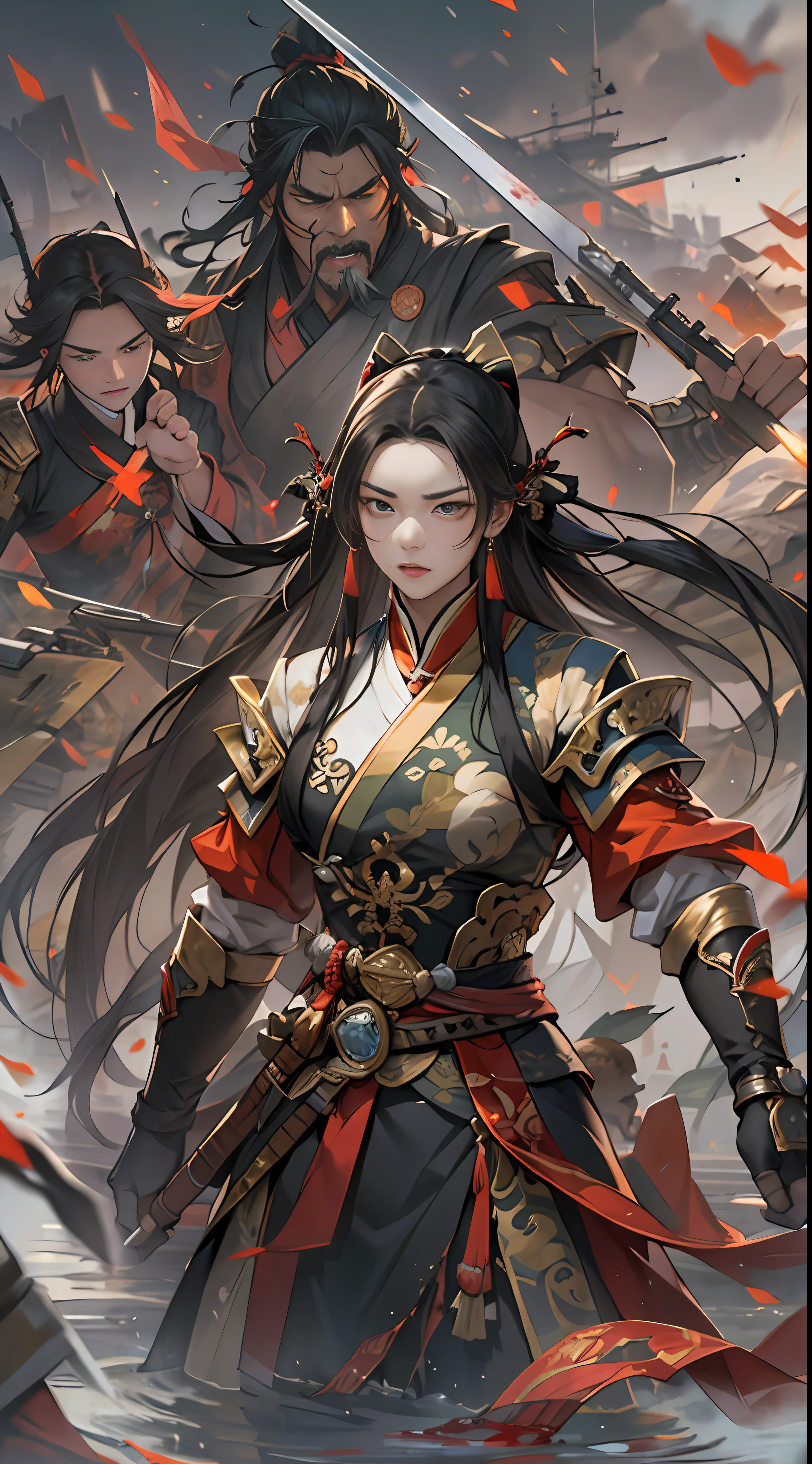 Qiong Xiong suggests giving up peace talks and retreating to claim the exclusive spirit spring, but Yuan Jie refuses this proposal. They argue fiercely on the battlefield, with serious expressions and determined eyes, a war-torn battlefield and flowing blood in the background, , 32k, best quality, masterpiece, super detail, high details,