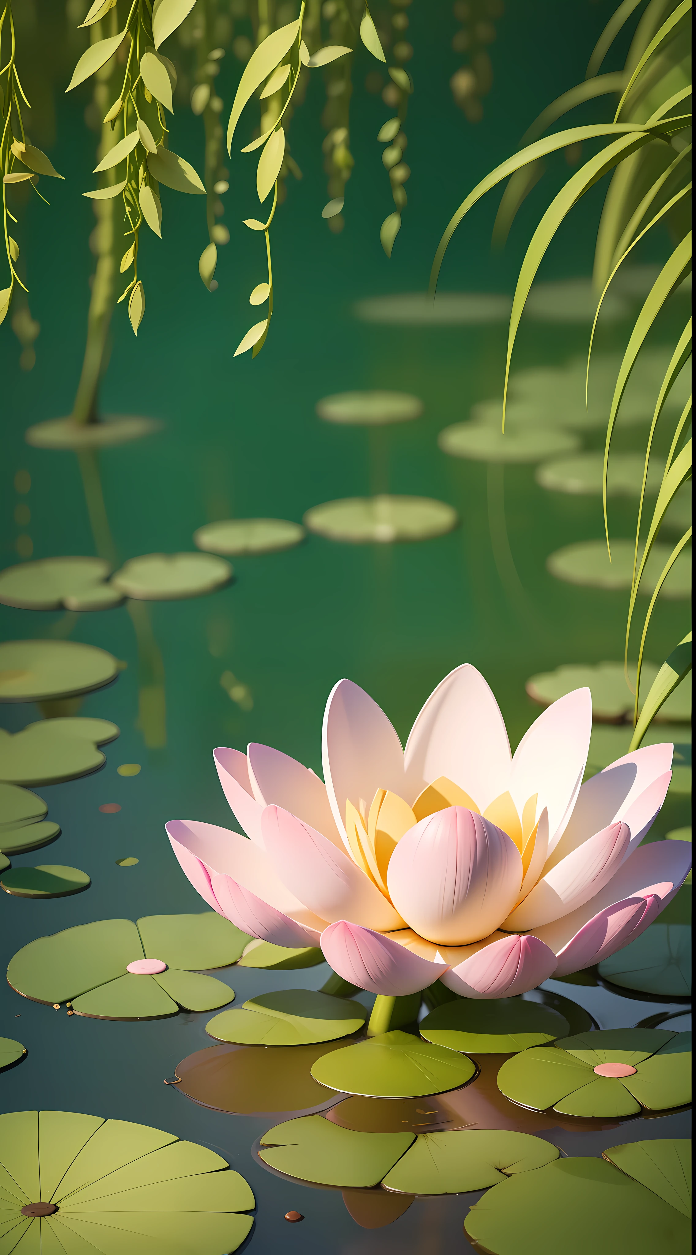 Cartoon illustration,The willow tree is placed in the upper middle position of the frame,The sunlight gently shines on the surface of the lotus pond,Highlight the willow tree,Have a macro perspective