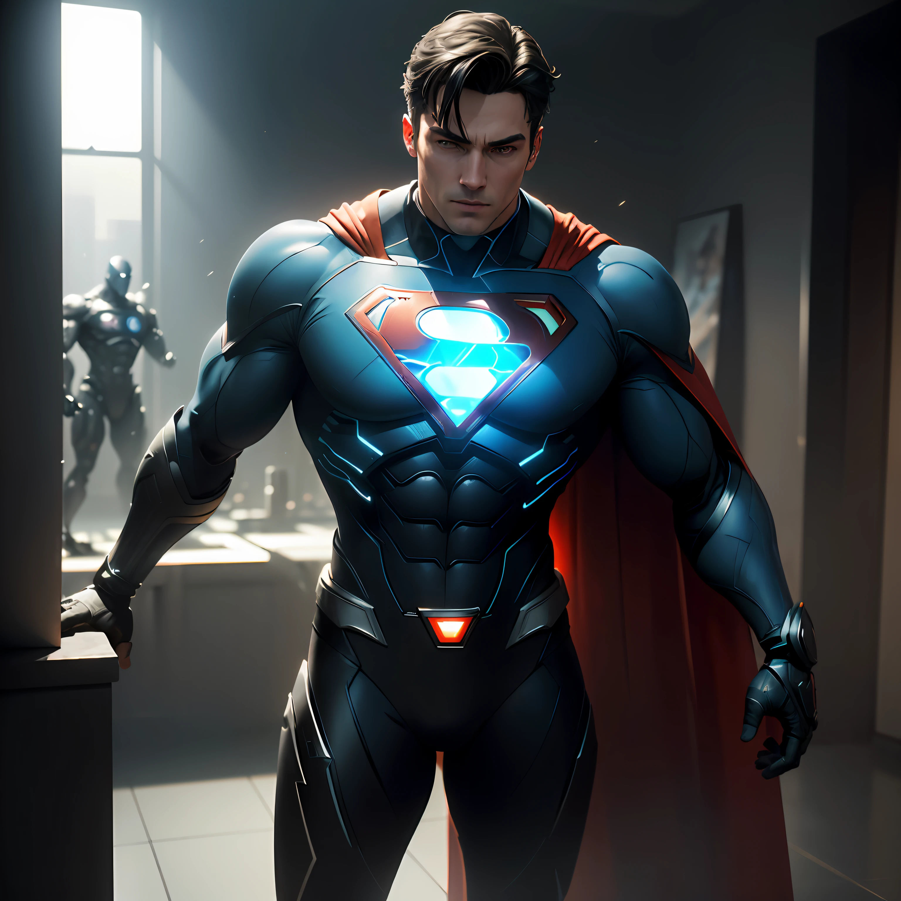 (BeA Beautiful men,Superman Cybernetic Figure, HDR (High Dynamic Range), Ray Tracing, NVIDIA RTX, Super-Resolution, Unreal 5, Subsurface Scattering, PBR Textures, Post Processing, Anisotropic Filtering, Depth of Field, Maximum Sharpness and Sharpness, Multi-layer Textures, Albedo and Highlight Maps, Surface Shading, Accurate simulation of light-material interactions, perfect proportions, Octane Render, two-color light, large aperture, low ISO, white balance, rule of thirds, 8K RAW, Full White costume,cape --auto