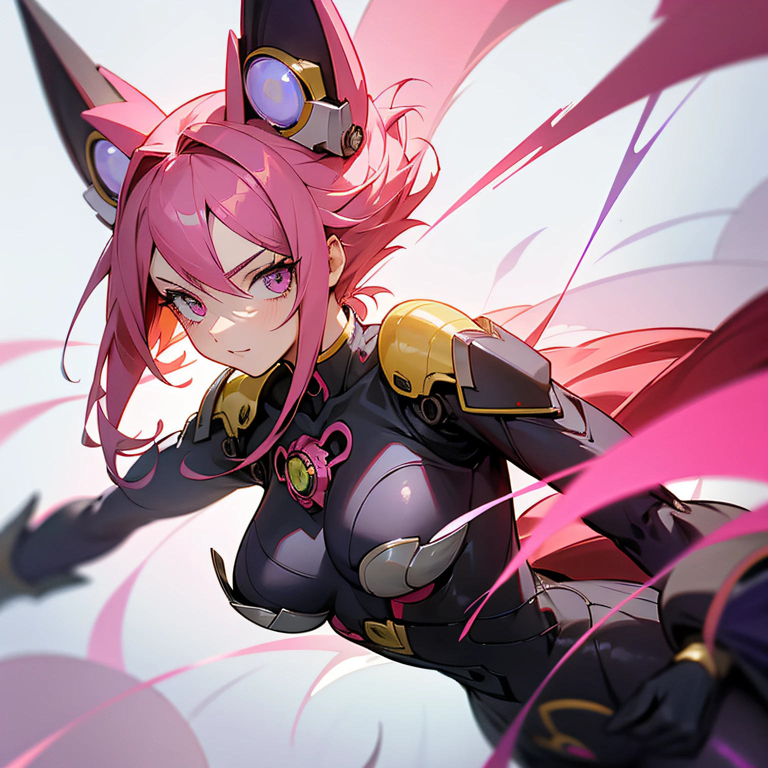(personagem) mulher, Cabelo curto rosa, androide, fox ears on top of head, olhos rosa brilhantes, Metallic rose battle suit, super heroine, energia rosa, pose de batalha. (Imagem super detalhada), (Granulado), (sombreamento), (16k), (realista), (Anime), (Estilo Anime) --auto