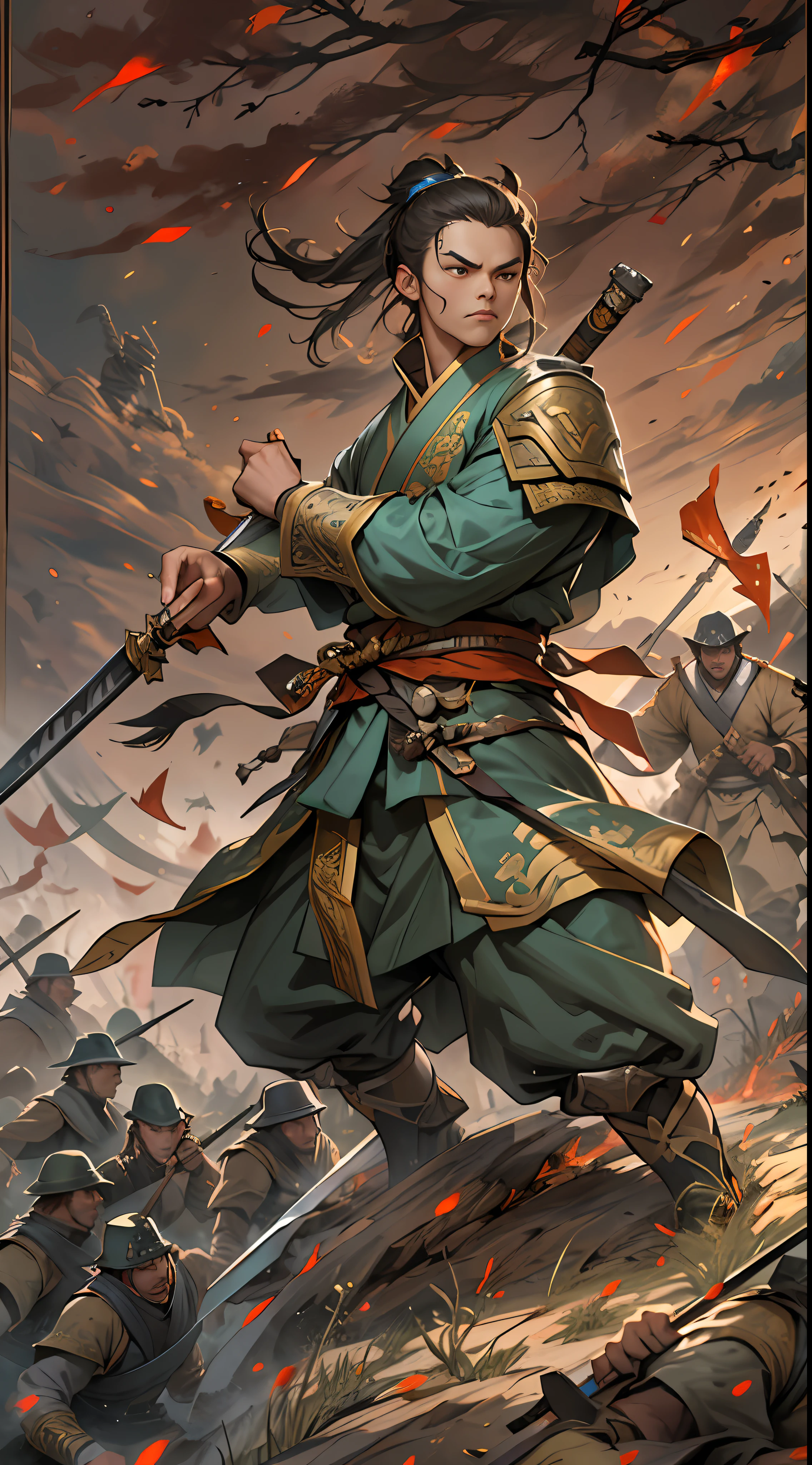 A fierce battle is about to break out between the two sides, with Li Gu standing on a high ground, wielding his weapon, soldiers of various ranks following closely behind, waiting for Li Gu's command, tense atmosphere on the battlefield, , 32k, best quality, masterpiece, super detail, high details,