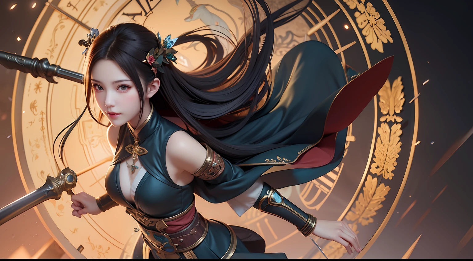 Close-up of a woman holding a sword in front of a clock, 2. 5 D CGI anime fantasy artwork, Extremely detailed Artgerm, Artgerm and Ruan Jia, by Yang J, Beautiful character painting, Artgerm and Atey Ghailan, Ruan Jia and Artgerm, 8K high quality detailed art, Style Artgerm