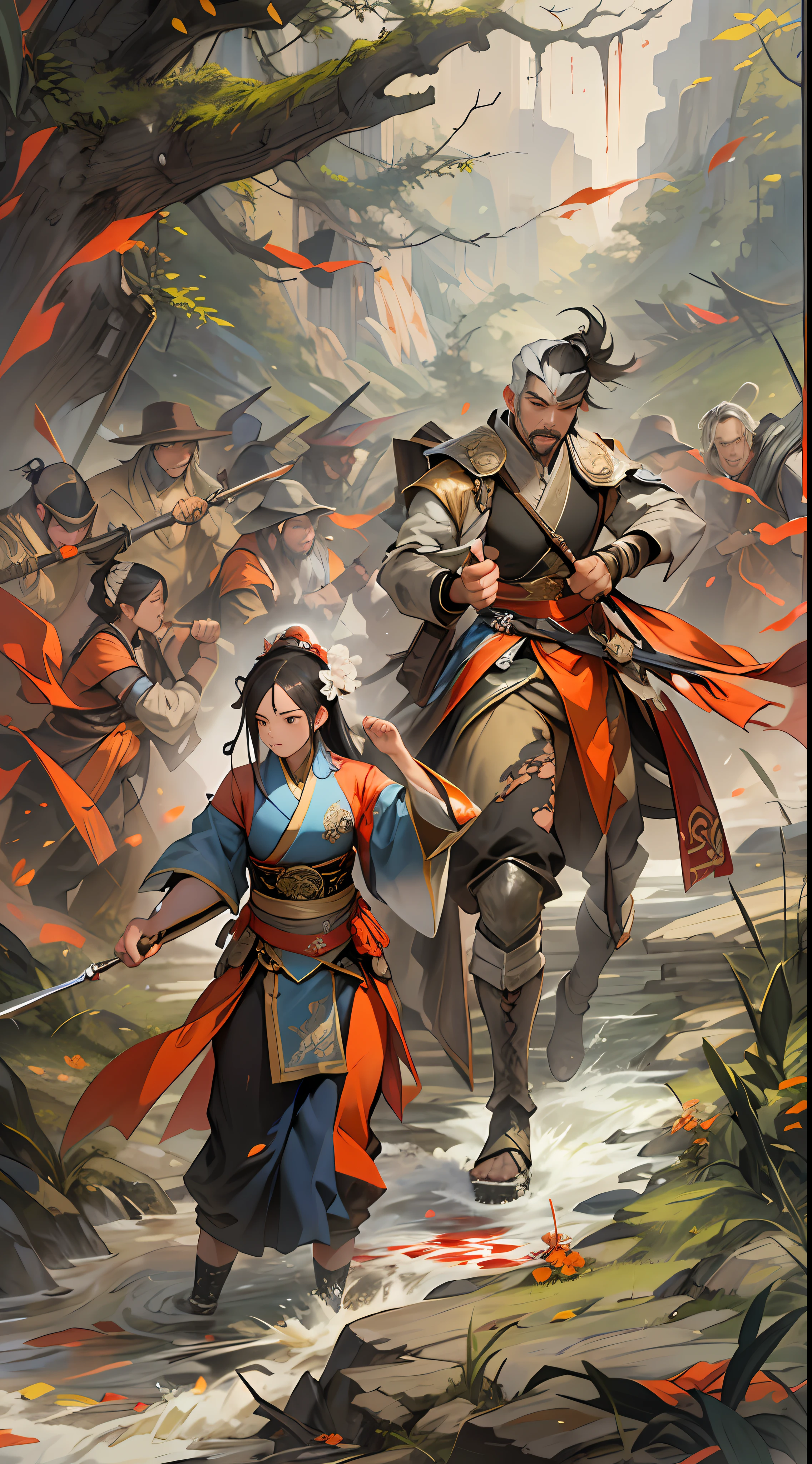 Qiong Xiong suggests giving up peace talks and retreating to claim the exclusive spirit spring, but Yuan Jie refuses this proposal. They argue fiercely on the battlefield, with serious expressions and determined eyes, a war-torn battlefield and flowing blood in the background, , 32k, best quality, masterpiece, super detail, high details,
