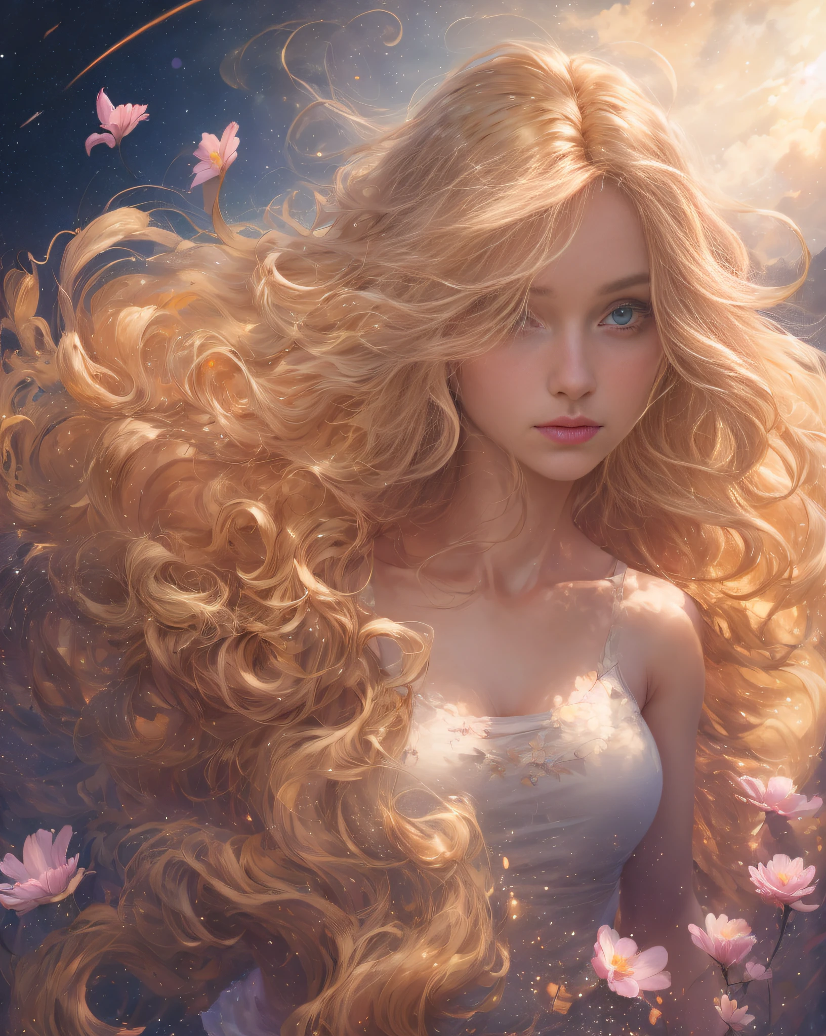 (best quality, masterpiece), young woman, pose, particle, wind, flower, upper body, simple background, looking at viewer, long curly windblown blonde hair, galaxy,backlit,rimlight,beautiful artwork,perfect composition