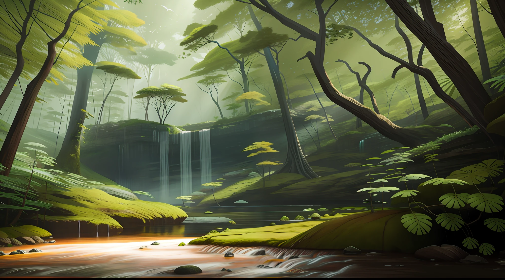 There is a waterfall in the middle of a forest with trees, Estilo Andreas Rocha, arte conceitual altamente realista, James Gurney e Andreas Rocha, inspirado em Michael Komarck, arte conceitual ambiental, inspirado em Andreas Rocha, Andreas Rocha e John Howe, pintura de ambientes, inspirado em Raphael Lacoste, Floresta e Cachoeira, arte conceitual fotorrealista