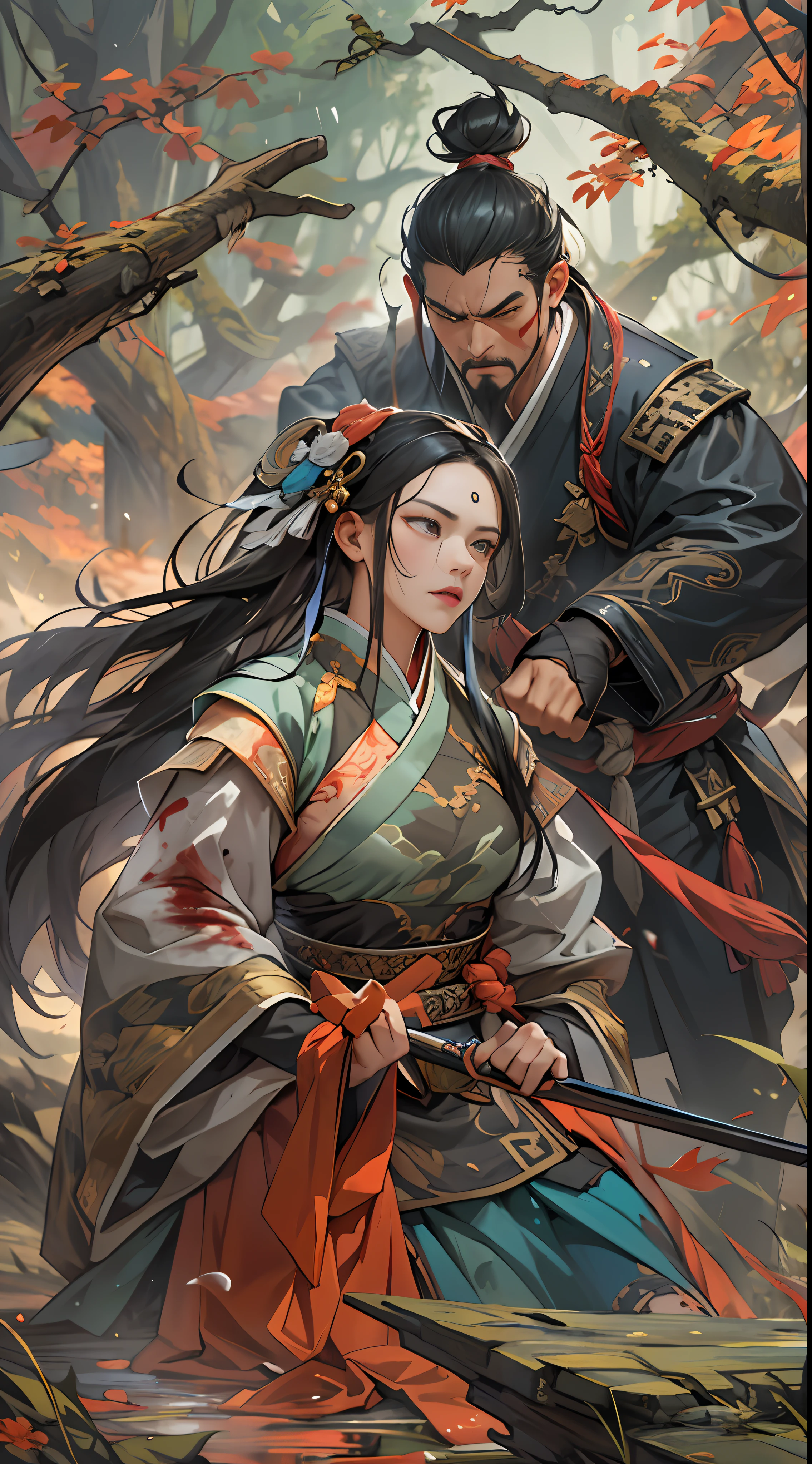 Qiong Xiong suggests giving up peace talks and retreating to claim the exclusive spirit spring, but Yuan Jie refuses this proposal. They argue fiercely on the battlefield, with serious expressions and determined eyes, a war-torn battlefield and flowing blood in the background, , 32k, best quality, masterpiece, super detail, high details,
