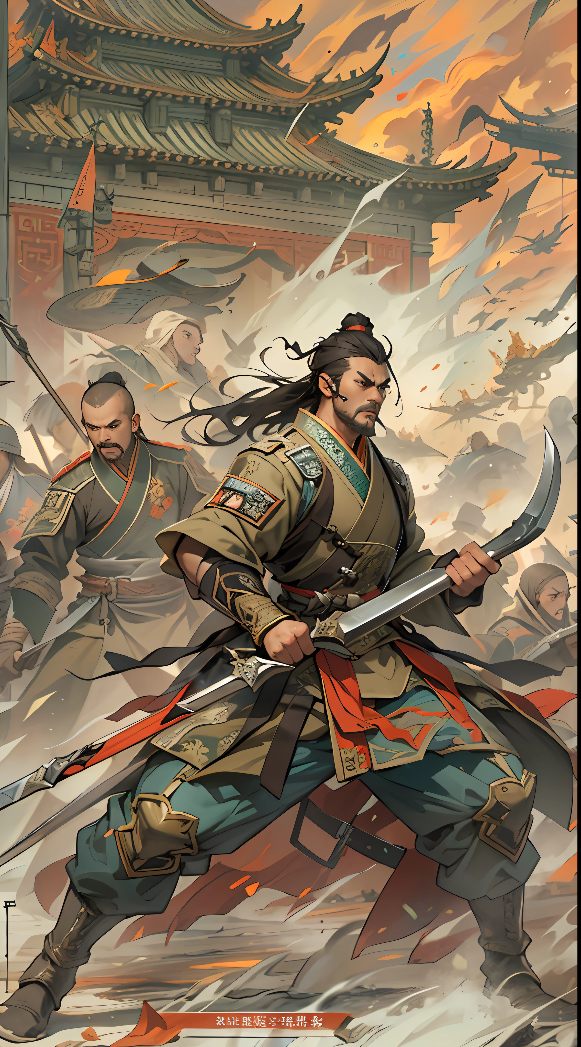 A fierce battle is about to break out between the two sides, with Li Gu standing on a high ground, wielding his weapon, soldiers of various ranks following closely behind, waiting for Li Gu's command, tense atmosphere on the battlefield, , 32k, best quality, masterpiece, super detail, high details,