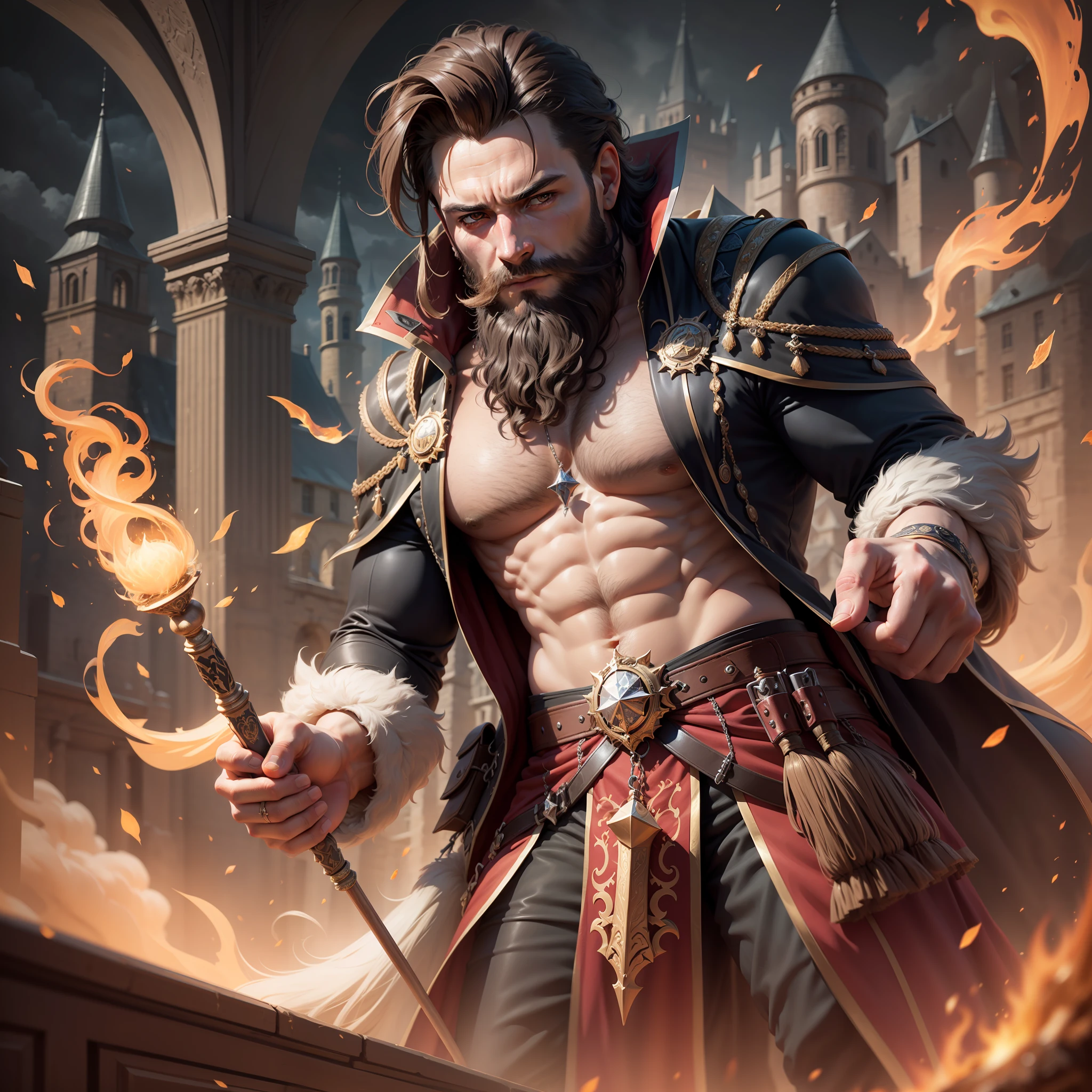 Entire body visible, Hyper-realistic, perfect face, handsome, 30 years old, ultra-detailed, 8k HD resolution. Create a scene of a handsome wizard with beard stubble casting a spell, set against the backdrop of a gothic castle full body visible, while body in frame