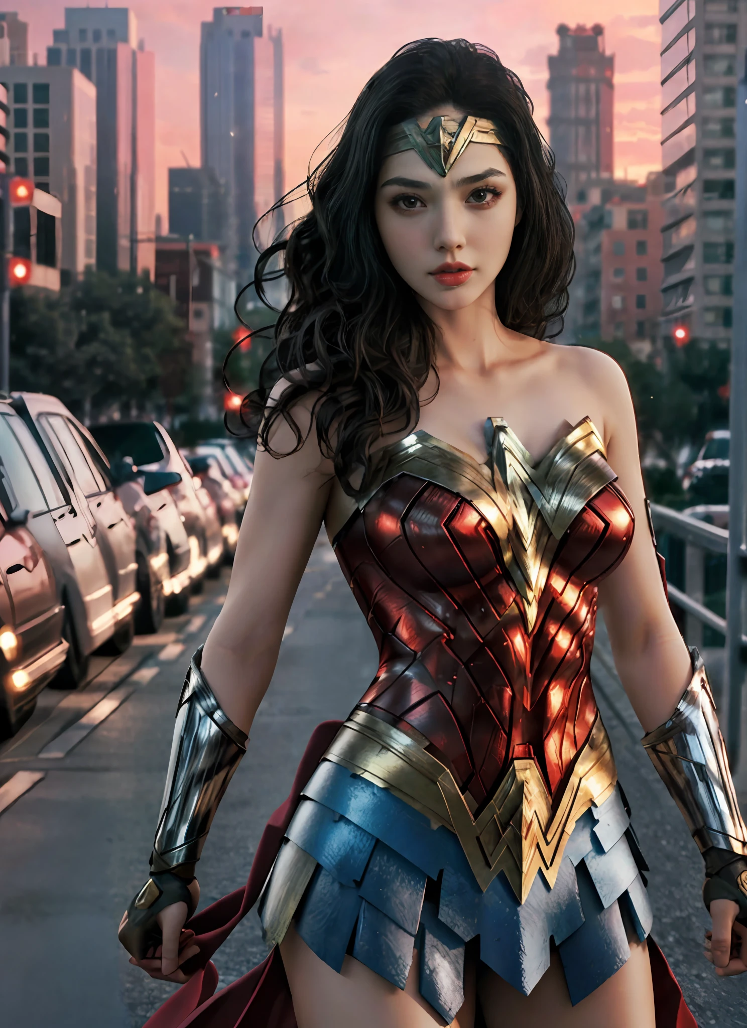 best quality, 1girl, solo, wonder woman, breasts, looking at viewer, upper body, black hair,  brown eyes,  cityscape, blurry background,