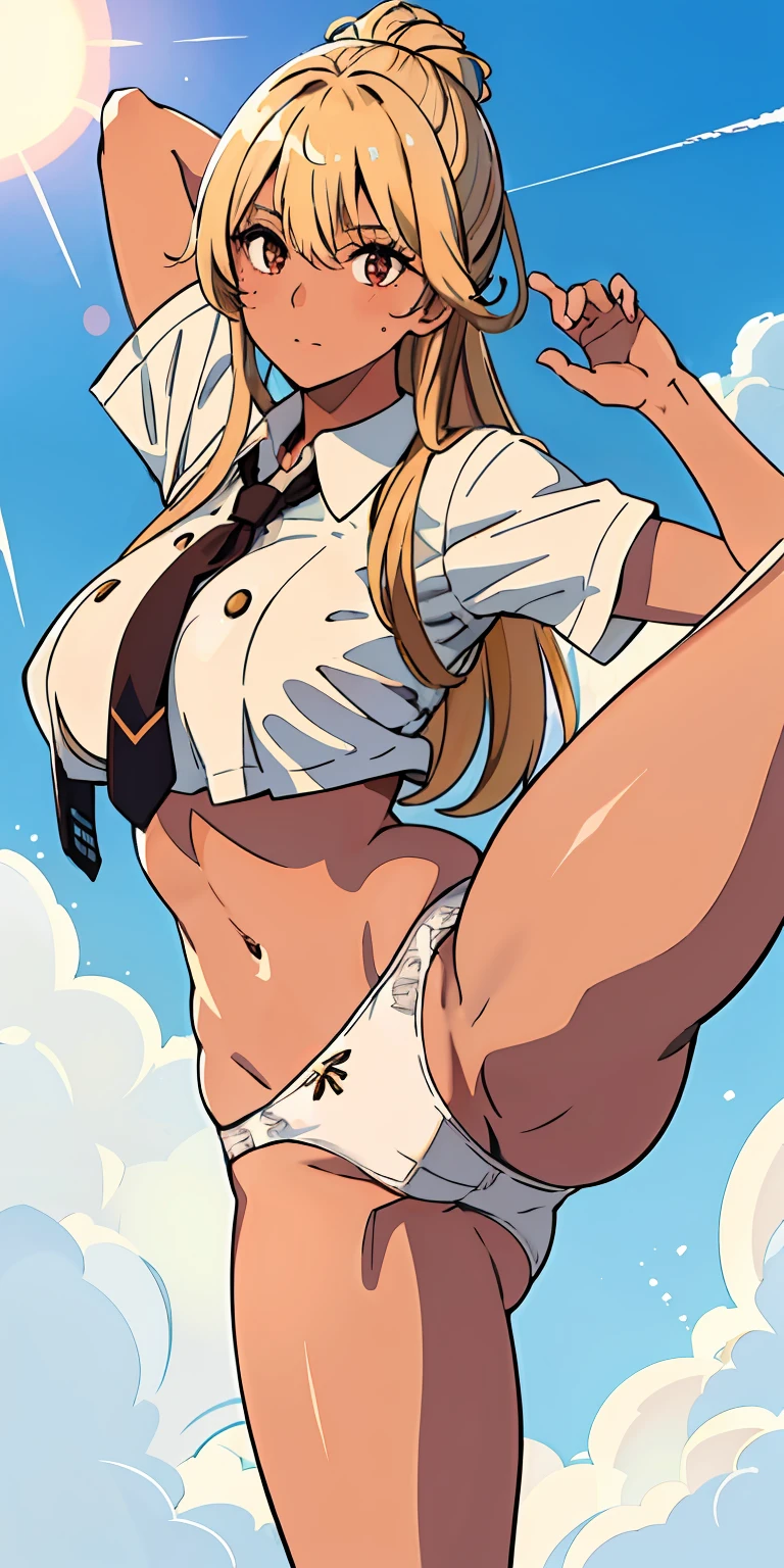 (top-quality、masterpiece)、1girl in、A stunning、a blond、barechested、School Uniforms、(((schools)))、Classroom Background、Being at school、(((Brown skin tone)))、sun burn、Mole、(((Colossal tits)))、large full breasts、Sheer areol、(((Kicking)))、Pink underwear is visible、Show underwear、neck tie、I can see my chest a little