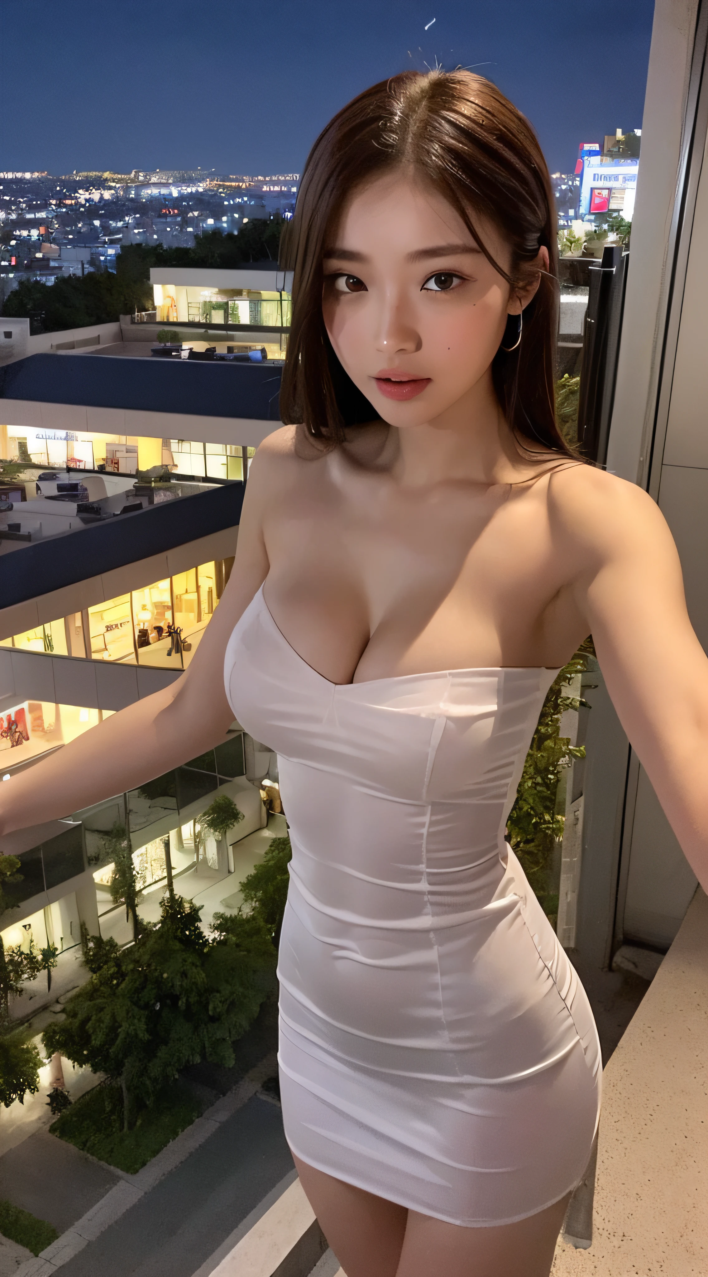 ((Best quality, 8k, Masterpiece: 1.3)), Selfie, Sharp focus: 1.2, Cute beautiful woman with perfect body: 1.4, Slim big breasts: 1.2, ((Brown hair dark, Big breasts: 1.2)) , (small transparent dress, half naked, highly detailed breasts, Happy expression, Standing: 1.2), ((Night view of the city with rain, Balcony simple: 1.3 making with the female being the main focus)), Highly detailed face and skin texture, Detailed eyes, Double eyelid