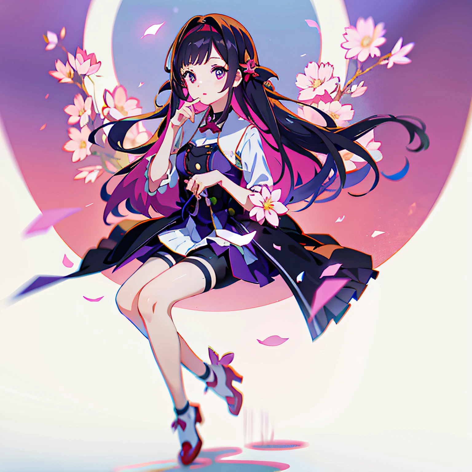 Anime girl in purple dress，There are pink flowers on the hair, hanayamata, Kantai collection style, Anime moe art style, Guviz, cute anime waifu in a nice dress, azur lane style, A scene from the《azur lane》videogame, **** in dress, the anime girl is crouching, (Anime girl), nezuko-chan