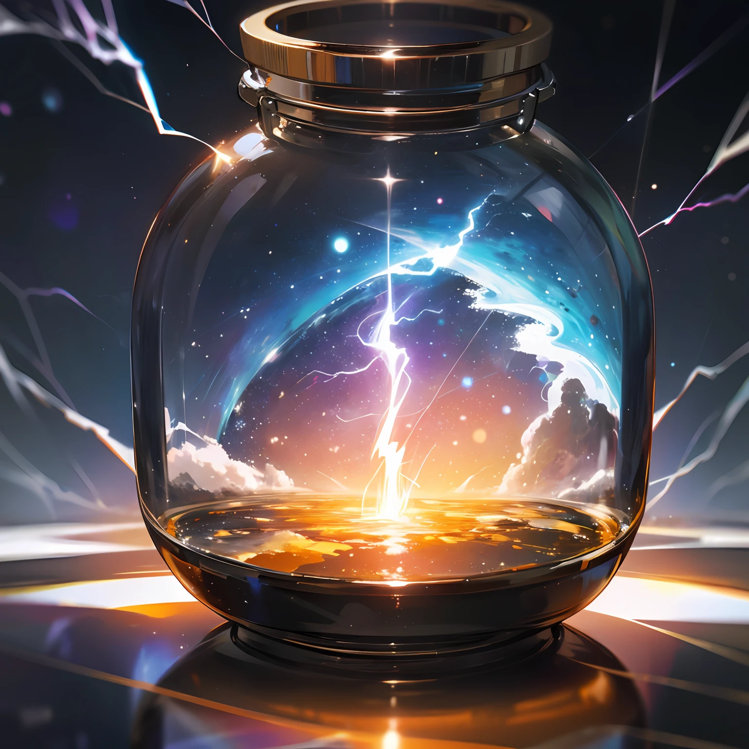 An entire universe contained inside of a glass jar, super realistic, hyper detailed, dramatic lightning, 4k --auto