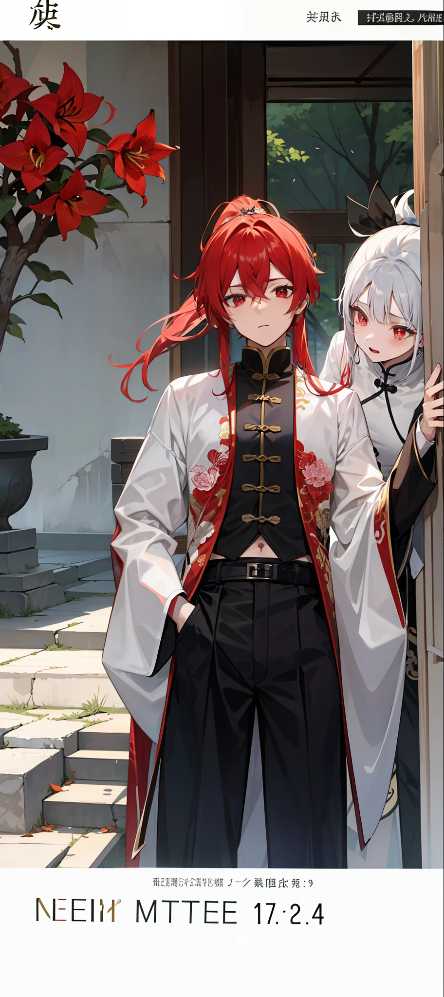 tmasterpiece,Need,A man,China-style,Chinese Ancient Times,whaite hair,red - eyed,bifurcation,long whitr hair,with long bangs,High ponytail,Handsome,virile,gentleness,large tall,A tranquil,black toga,exteriors,tree branch,amaryllis, Young men,The expression is steady,
