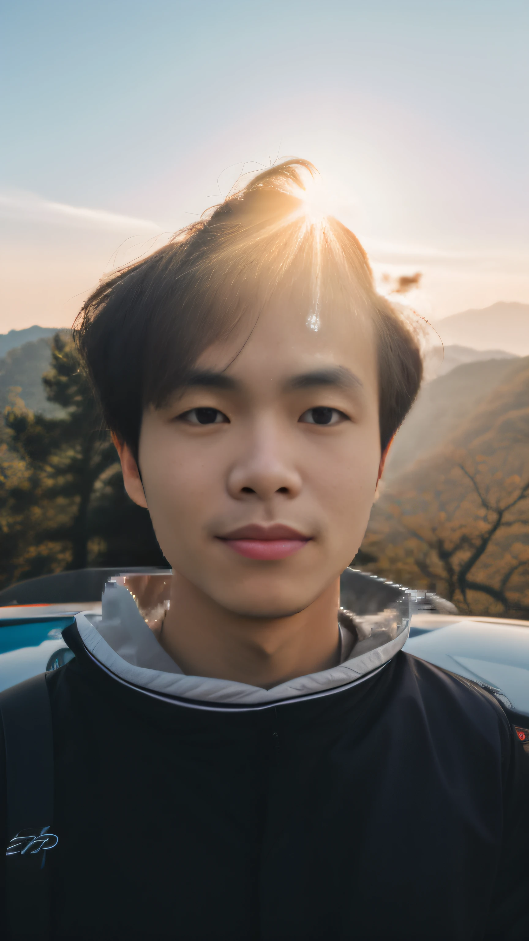 Young Korean male, Asian face, Kim Do-young's photographic aesthetics, Close-up upward portrait, Shin Jin-young's soft portrait shot 8K, Strong backlighting, Sweet smile, hyung tae, The sun shines behind you.