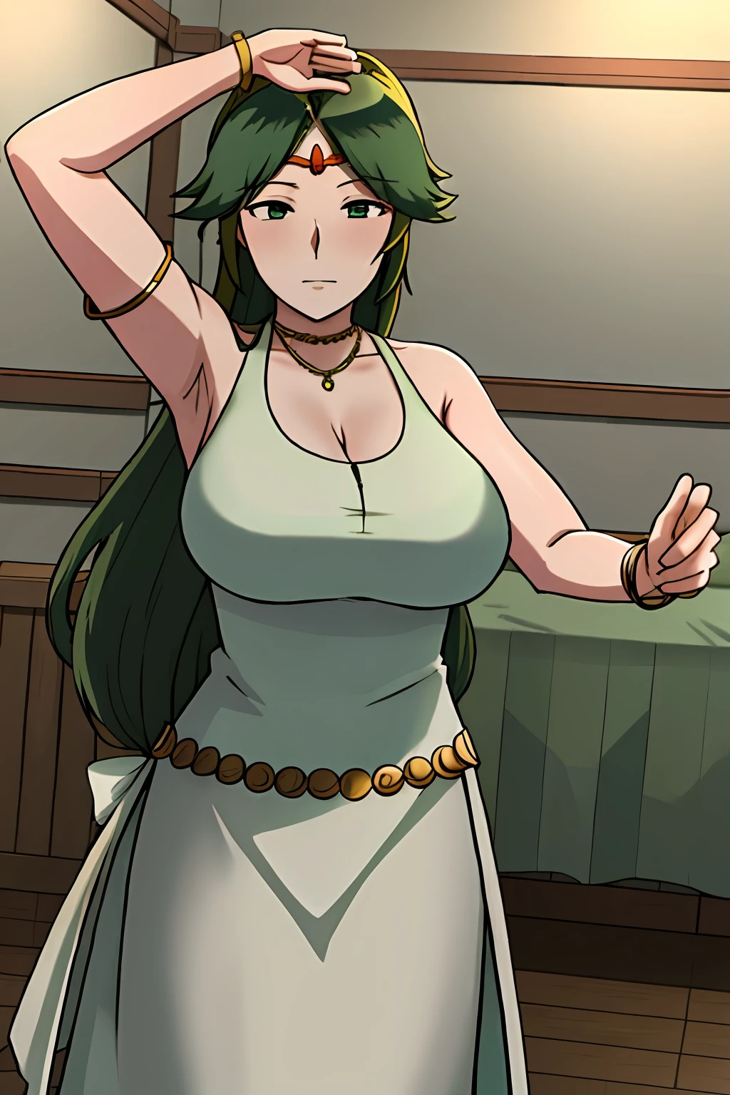 NTRman, masterpiece, best quality, 1girl, solo, mature female, toned,  palutena, green hair, long hair, white dress, dress,