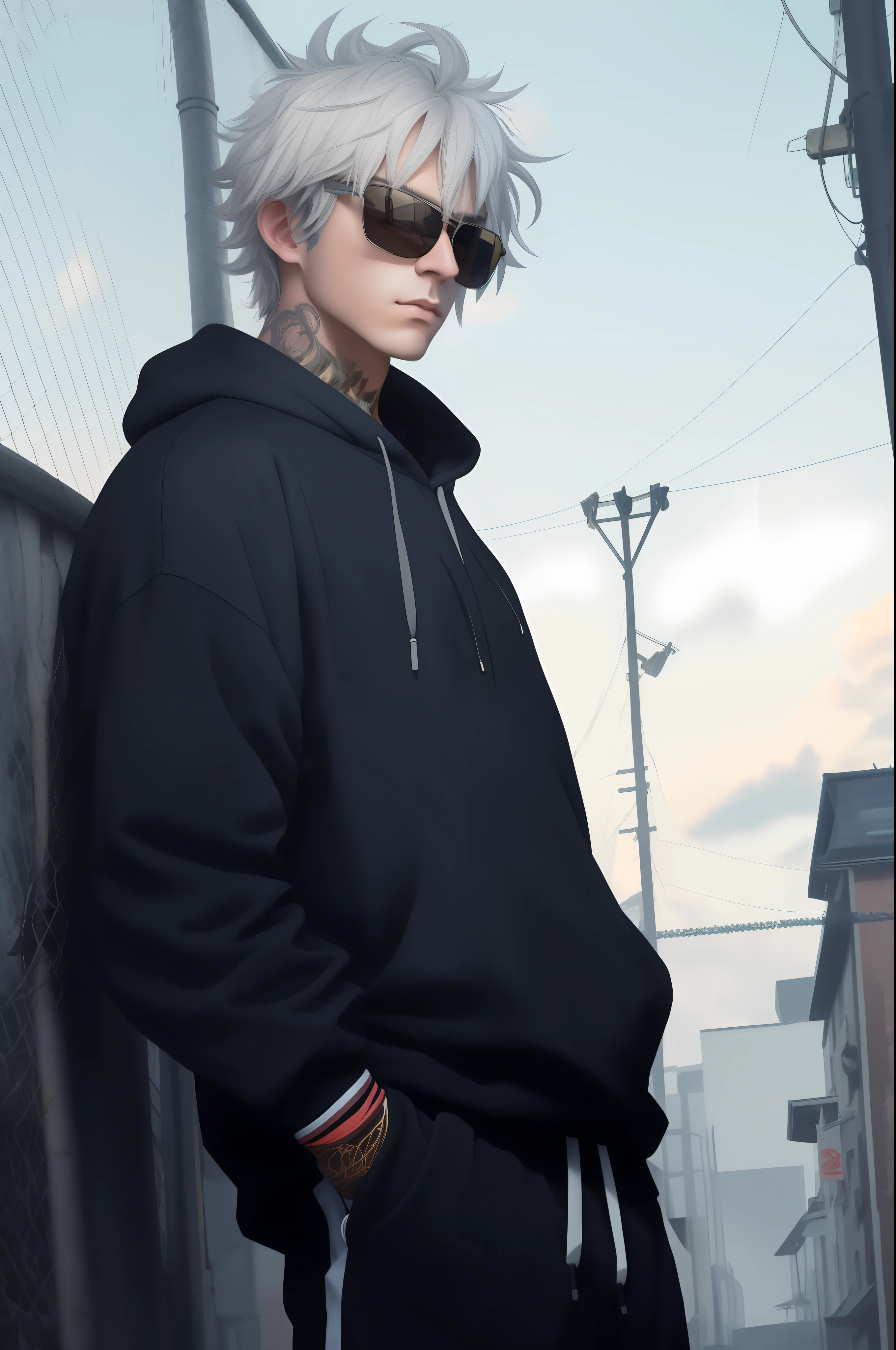 arafed man with white hair and sunglasses standing in front of a fence, artwork in the style of guweiz, male anime style, tall anime guy with blue eyes, guweiz, handsome guy in demon slayer art, key anime art, in a black hoodie, style anime, male anime character, wearing japanese techwear, young anime man, anime style character