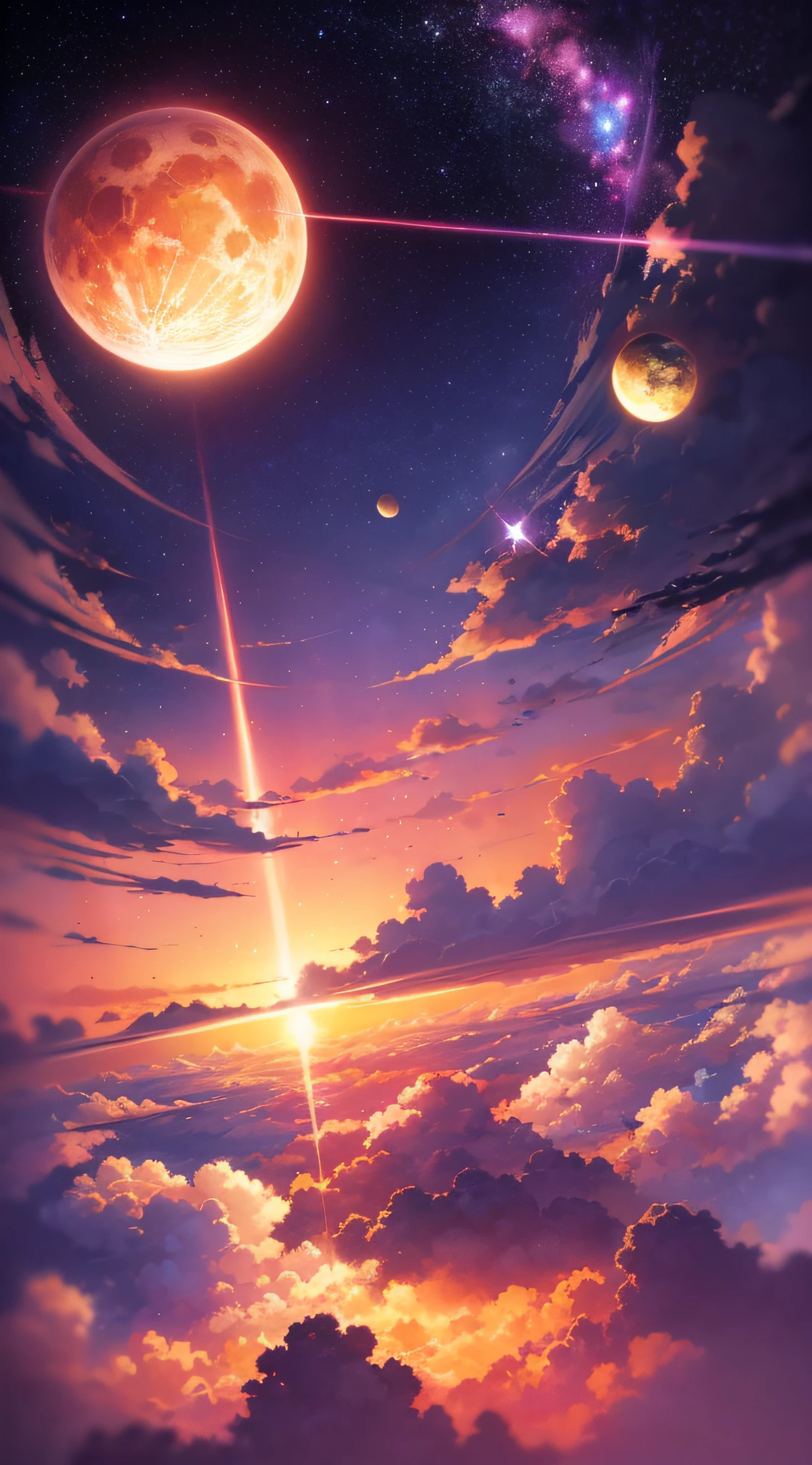 Anime - Beautiful sky with stars and planets,Cosmic sky style scene。Written by Makoto Shinkai, anime art wallpaper 4k, Anime Sky, amazing wallpapers, anime backgrounds, heaven planet in background, Anime background art