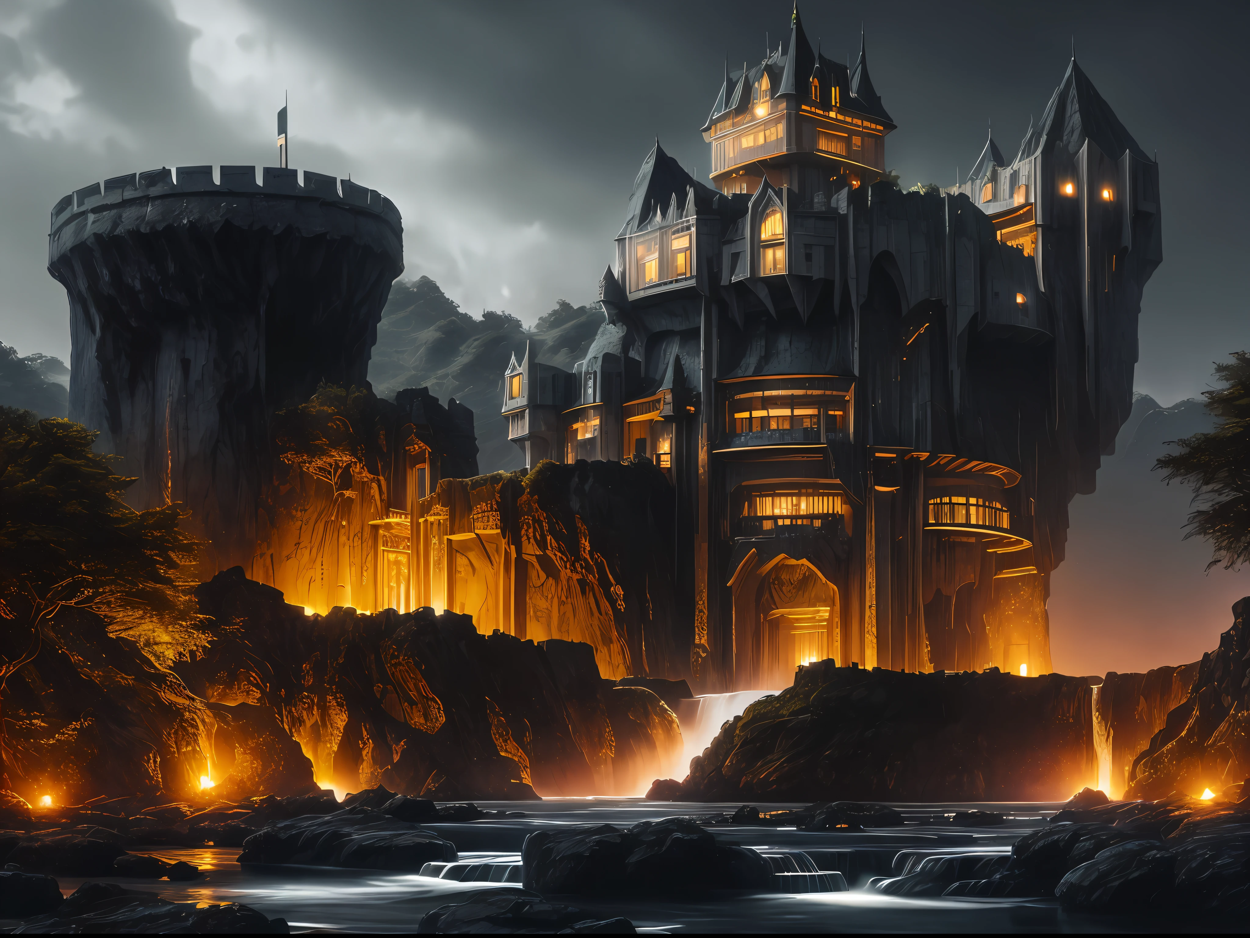 nature, epic futuristic base in the center, dark, fade, warm, glow at night, raw, hdr, (future hi-tech castle, waterfall:1.3), cinematic, slate grey, dramatic light, architecture