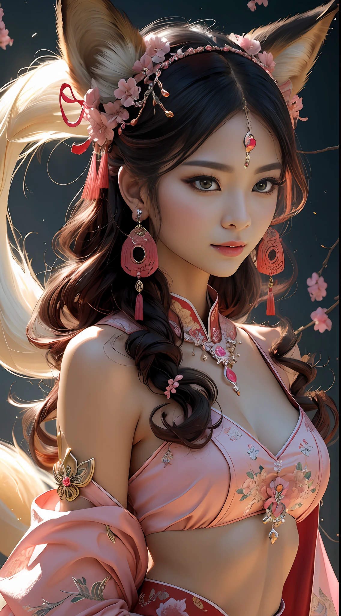 1 beauty，fox demon，Glamorous，seductiv，k hd，fox ear，In pink，chineseidol，Ancient wind，National style，Ultra-clear，facial closeups