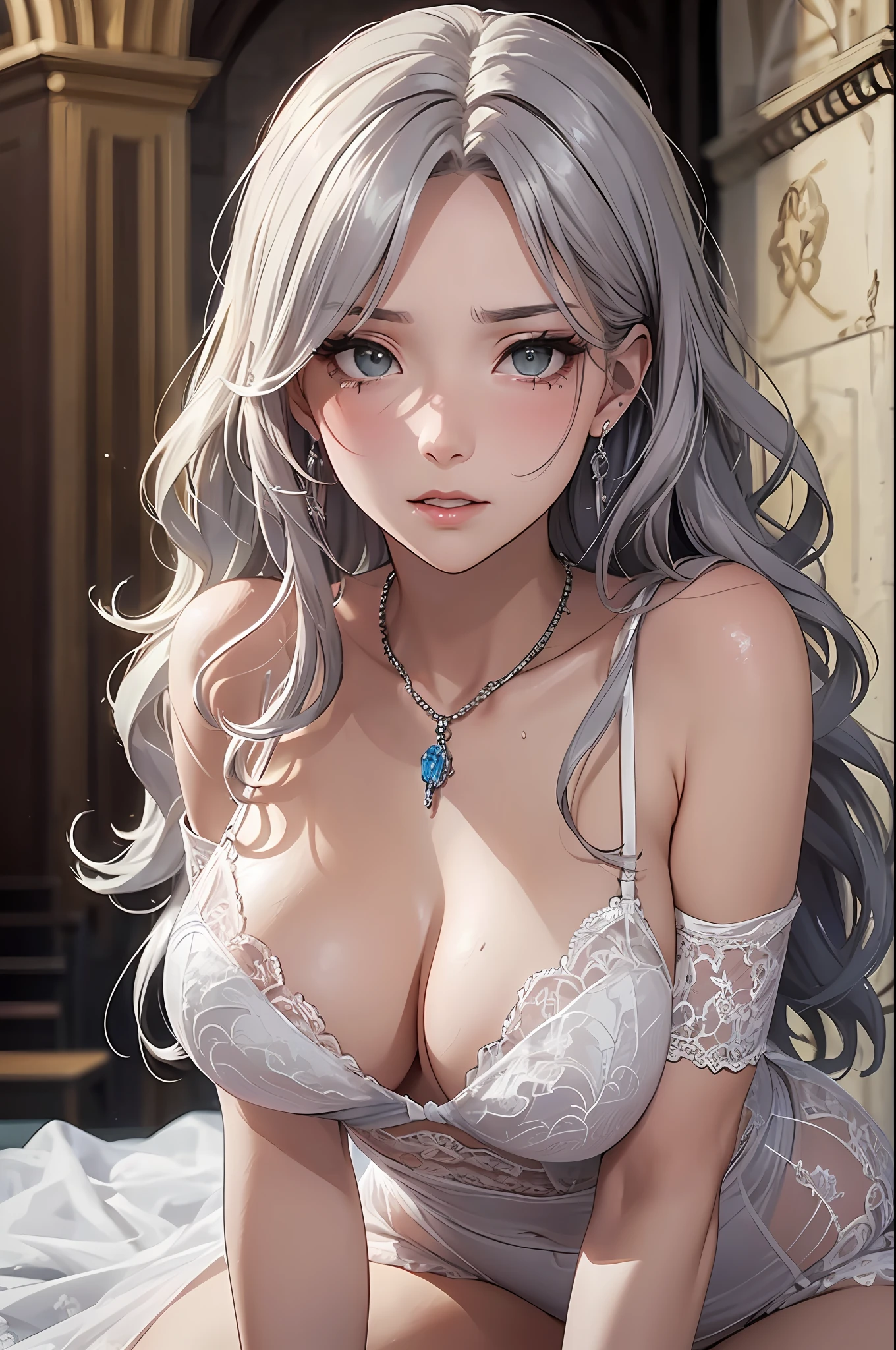 (masutepiece: 1.3), (max resolution: 1.2), (Ultra HDTV: 1.2), cinematric light,  Detailed eyes and skin, detailed facial features, , 8K resolution, (Sharp Focus: 1.2, Perfect Style, Beautiful face, acurate, Anatomically correct, Highly detailed face and skin texture, Detailed eyes, Double eyelids, Thin eyebrows, Glitter Eyeliner: 1.2, Natural cheeks, Glossy skin, Fair skin: 1.2, shiny little necklace and earrings, (Glossy lips: 1.4), (weddingdress:1.2)、 (Shy look: 1.2), 25 years old, Neat and clean woman 、Silver-white hair,Wavy Hair、 Semi-long hair, (Focus on Face:1.2), ((large full breasts)), (upturned breasts), (In a church: 1.2)), (She is sitting on the floor：1.2.)), Highly detailed facial and skin texture, Detailed eyes, Double eyelids, Natural cheeks, Green-gray eyes,Rosary Necklace、  shiny small earrings, shiny lips: 1.4,Exposed cleavage、（A large amount of sperm in the chest:1.2）（Large amount of sperm in the thighs:1.2）、red blush、Tears、embarrassed from、White underwear、White bra、Open knees、open one's legs、Masturbation behavior、Clothes that are about to be taken off、Exposed panties、Wearing sweat、sodden、Sheer underwear、White blouses、humiliated、impatience、dismay、Frightened、glares、Green-gray eyes、Full-body angle of view、from the front side、red blush、