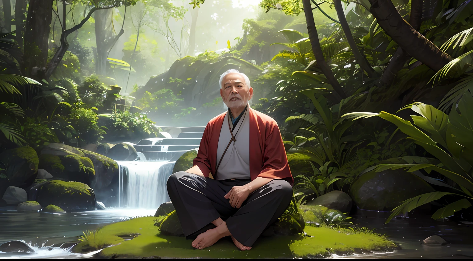 Por favor, Create a realistic full-body image of an old Asian elder man sitting in a meditation position in a lush rainforest. Make sure that the model has the correct anatomy and that the meditation position looks natural and authentic. Adicione detalhes realistas, como rugas, blemishes on the skin and other elements that make the image more authentic. Crie uma floresta tropical em 3D ao redor do modelo, adding trees, vegetation, rocks and other elements to create a natural and authentic environment. Adjust the lighting to create a serene and peaceful atmosphere. Por fim, render the image in 8K for sharp, Detailed resolution.