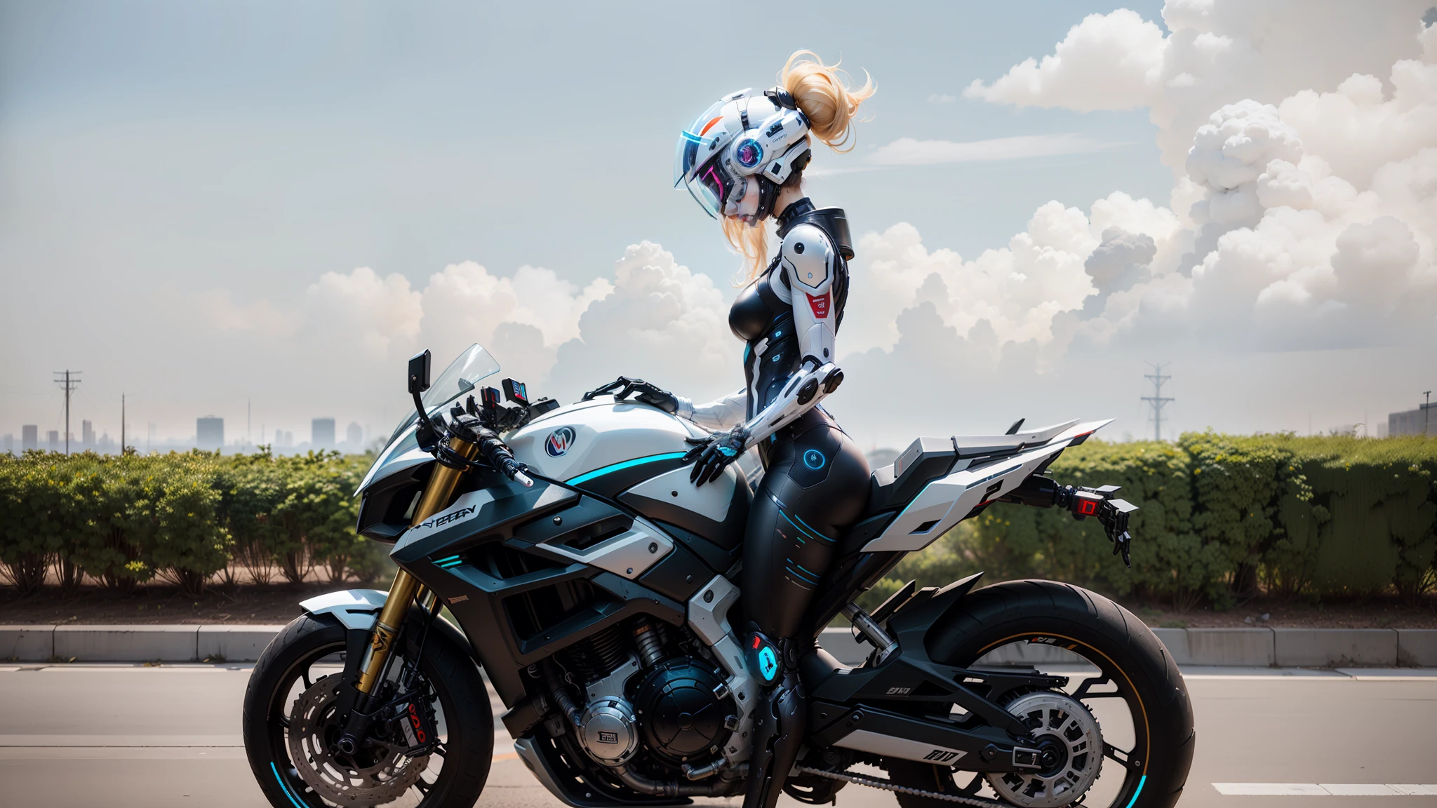 Sexy Cyber Warrior，Long flowing blonde hair，White cyberpunk high-tech mech costume，White cyberpunk faceless helmet，Biomechanicals， MSHN Robot Woman，High-tech helmet，hyper realisitc， Steel， Complex design， insanely details， finely detailled， Extremely clear lines， cinmatic lighting， photograph realistic， A detailed masterpiece