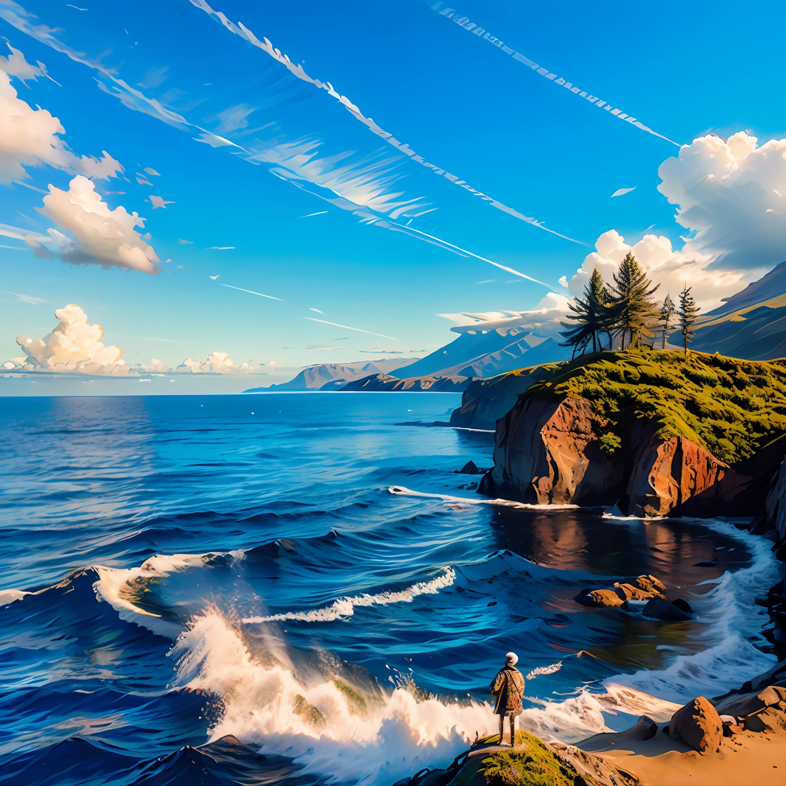 paisagem realista, com detalhes, um barquinho de madeira no horizonte com um pescador jogando a rede, fim de tarde --auto