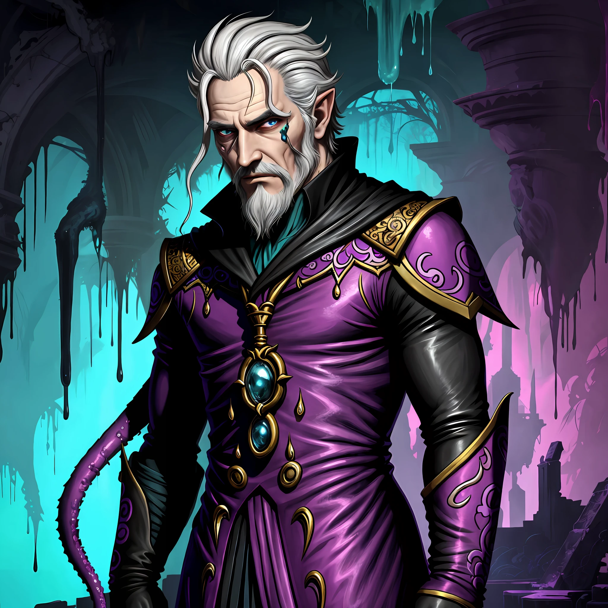 (in dripping art style) Everstare, My notes indicate these vibrantly hued watchers once inhabited the ruins of Zaintiraris until an unfortunate explorer set them free. Given their color and origin, I suspect Sheogorath holds some sway over them. Also unfortunate, dripping tentacles, dripping violet, Masterpiece, Best Quality