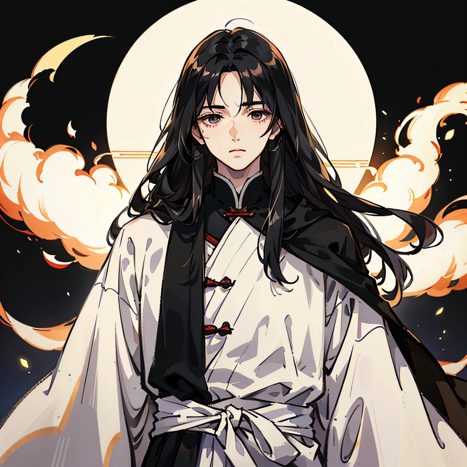 Upper body image of a person,Anime style,Long black hair,M-shaped bangs,Antique boy,black-clad,Tall and thin,white skinned,Fava bean eyes,Hanfu costume,Saber at the waist,No beard,Wear a black cape --auto