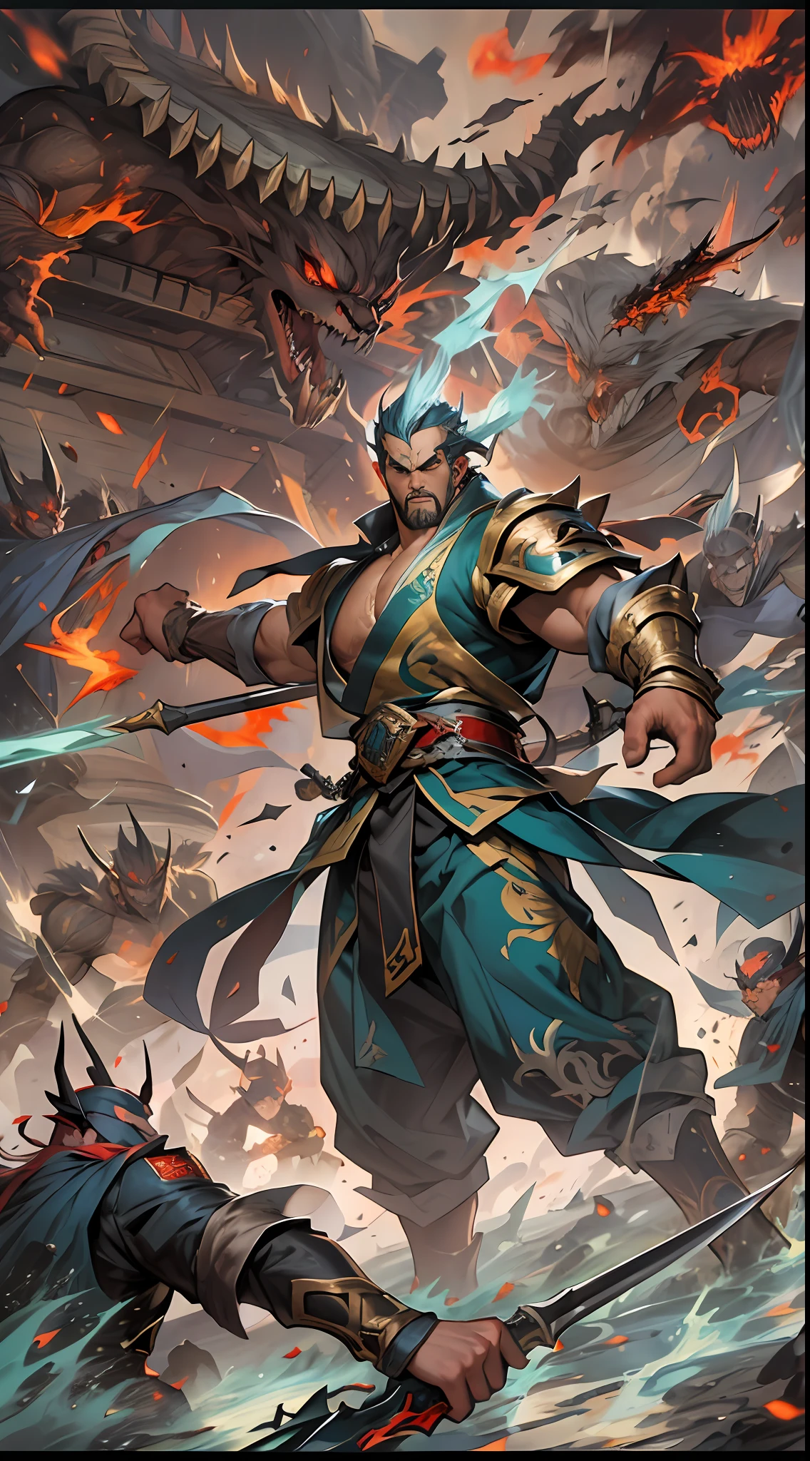 Li Gu demonstrates his terrifying power in the battle, defeating the forces of the Ten Thousand Demon League and the Unity Sect, Li Gu moves like lightning, wielding his weapon with destructive attacks, soldiers of the Ten Thousand Demon League and the Unity Sect are fragile in front of him, unable to withstand his terrifying power, , 32k, best quality, masterpiece, super detail, high details