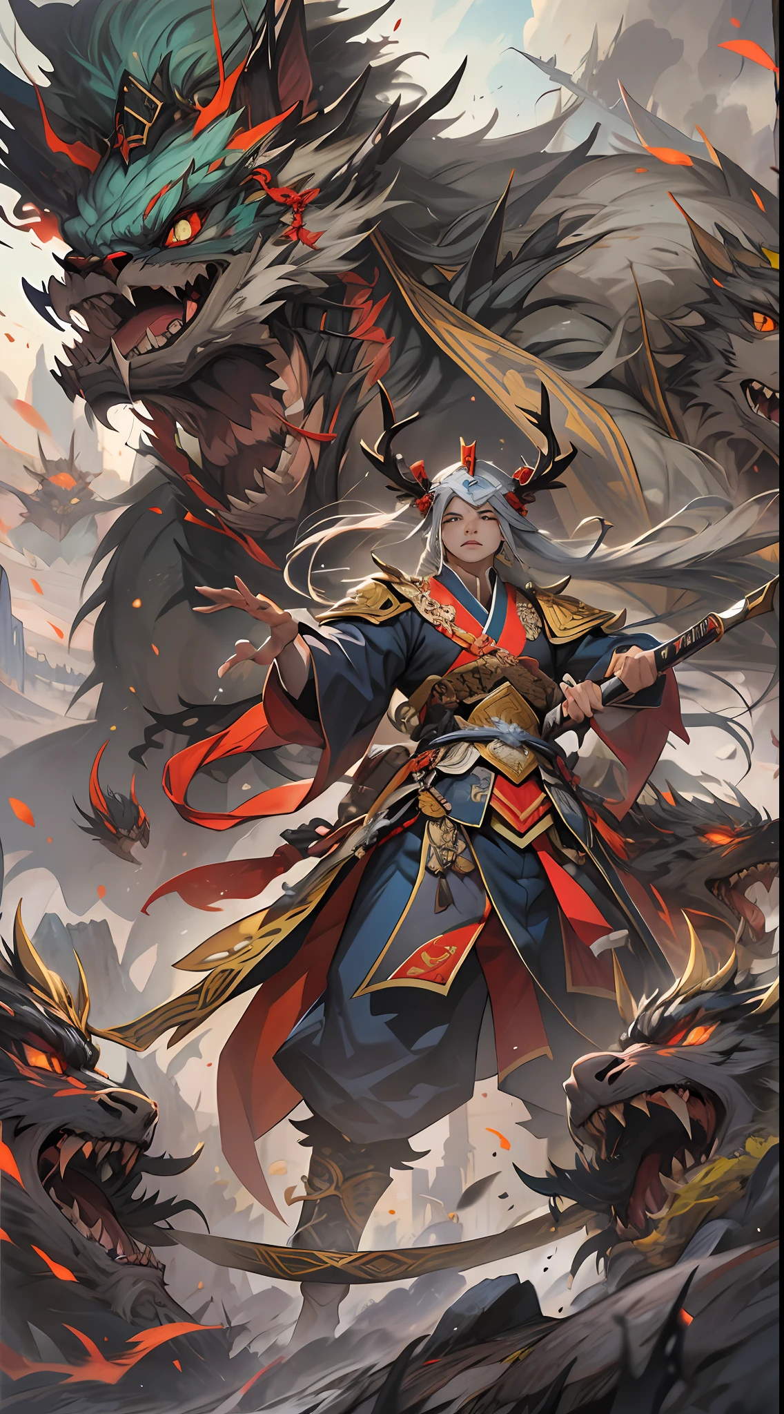 Yuan Jie and others are helpless against Li Gu's terrifying power, and in the end, the Ling Shan Group achieves victory, however, a representative of the Divine Beast Alliance steps forward, requesting mercy for Yuan Jie and others, and promising not to retaliate against the Ling Shan Group, a hint of pleading and concern in their expression, , 32k, best quality, masterpiece, super detail, high details,