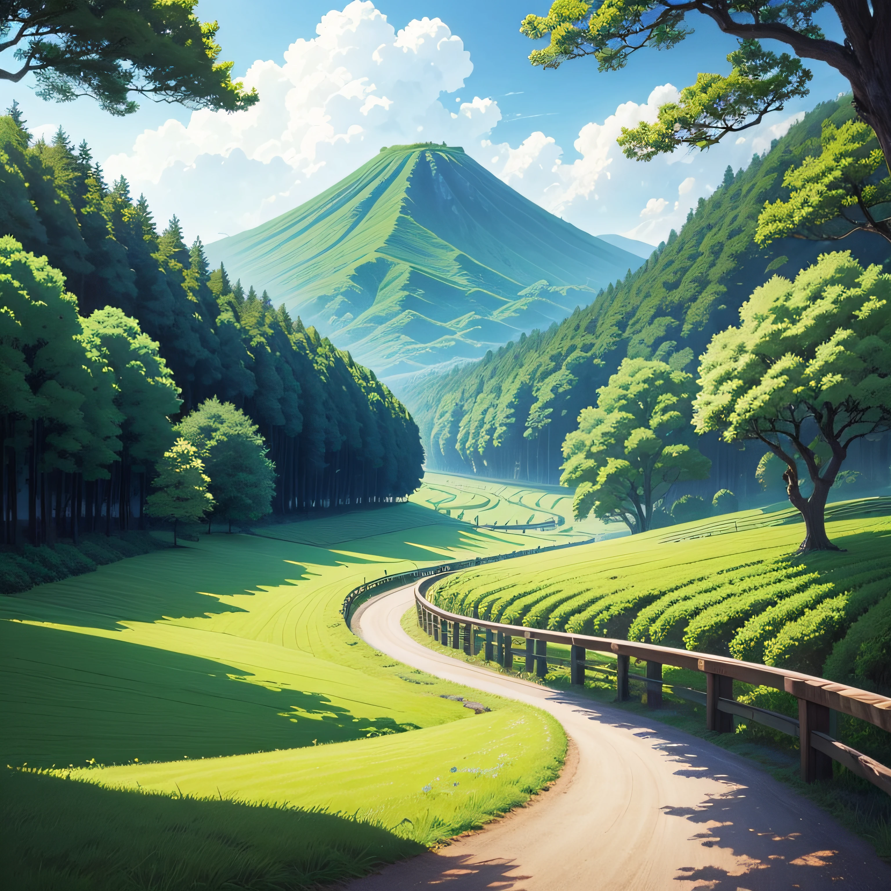 Countryside landscape in Japan、Totoro-inspired touch、Ghibli anime drawings、serial art、Beautiful anime scenes、Hayao Miyazaki's style、beautiful anime landscape、Skysky、 --auto
