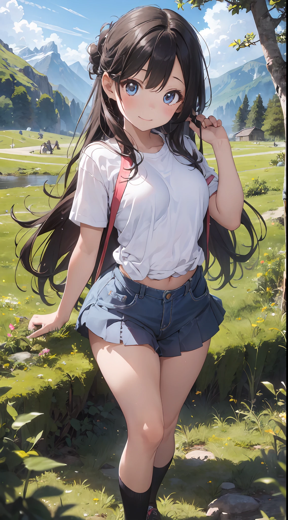 ((6ar olirl:1.5)), Girl in 1, boobs loli, Petite girl, Complete anatomy, Whole body, childdy, child, Supte, garl, Little girl, Bel Girl, beautiful shining body, Bangs,Brown hair,high eyes,(aquamarine eyess), drooping eyes, Petite,tall eyes, beautiful girl with fine details, beautiful and delicate eyes, Detailed face, Beautiful eyes, beautiful shining body, a smile, Happiness, 

Whole body angle, alps, Shepherd's daughter, Mountain Girl, plein air, alpine meadow,

Natural light,((Realism: 1.2)), dynamic far view shot,Cinematic lighting, Perfect composition, by sumic.busty petite, ultra hyper-detailed, Official art, Maste Piece, (Best Quality:1.3), glint, the Extremely Detailed CG Unity 8K Wallpapers, Detailed background, Maste Piece, Best Quality, (Maste Piece), (Best Quality:1.4), (ultra-high-resolution:1.2), (hiper realistic:1.4), (Photorealistic:1.2), Best Quality, High quality, A high resolution, Detail enhancement,