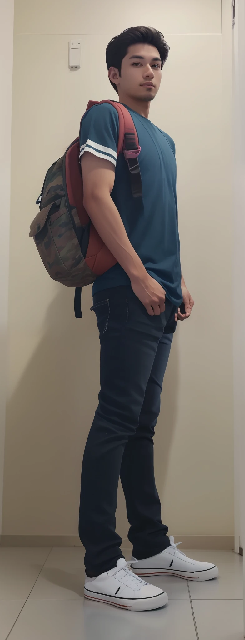 There is a young man standing in a room with a backpack, imagem de corpo inteiro, Perfil de corpo inteiro, full body profile camera shot, foto da roupa, tiro de corpo inteiro!!, tiro de corpo inteiro, usando camuflagem, zoomed out full body, Pose casual, full body photogenic shot, distant full body view, corpo inteiro!, dessaturados!!, imagem de qualidade muito baixa